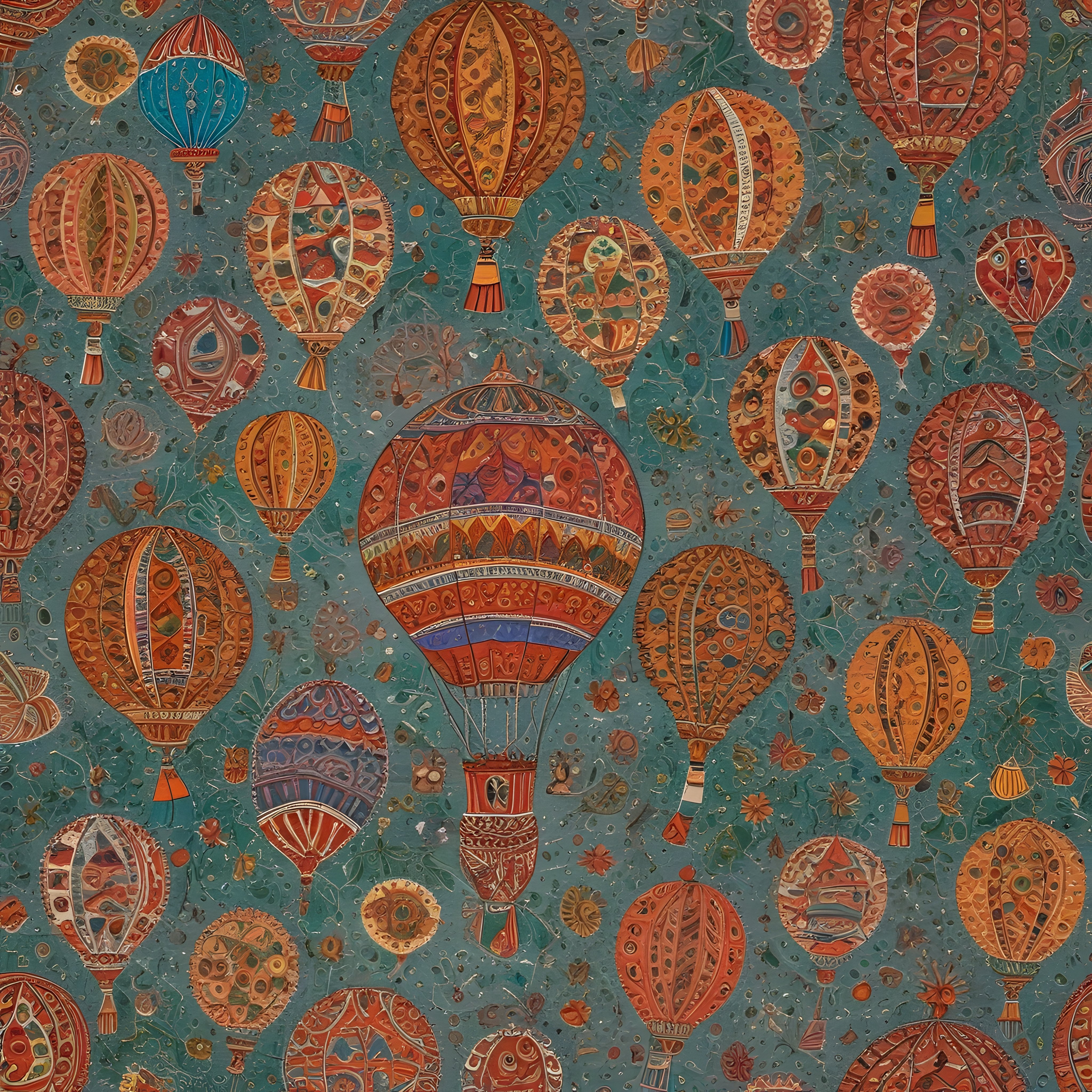 Gökyüzünde Süslü Sıcak Hava Balonları: Vintage Desenli Dijital Sanat Çalışması