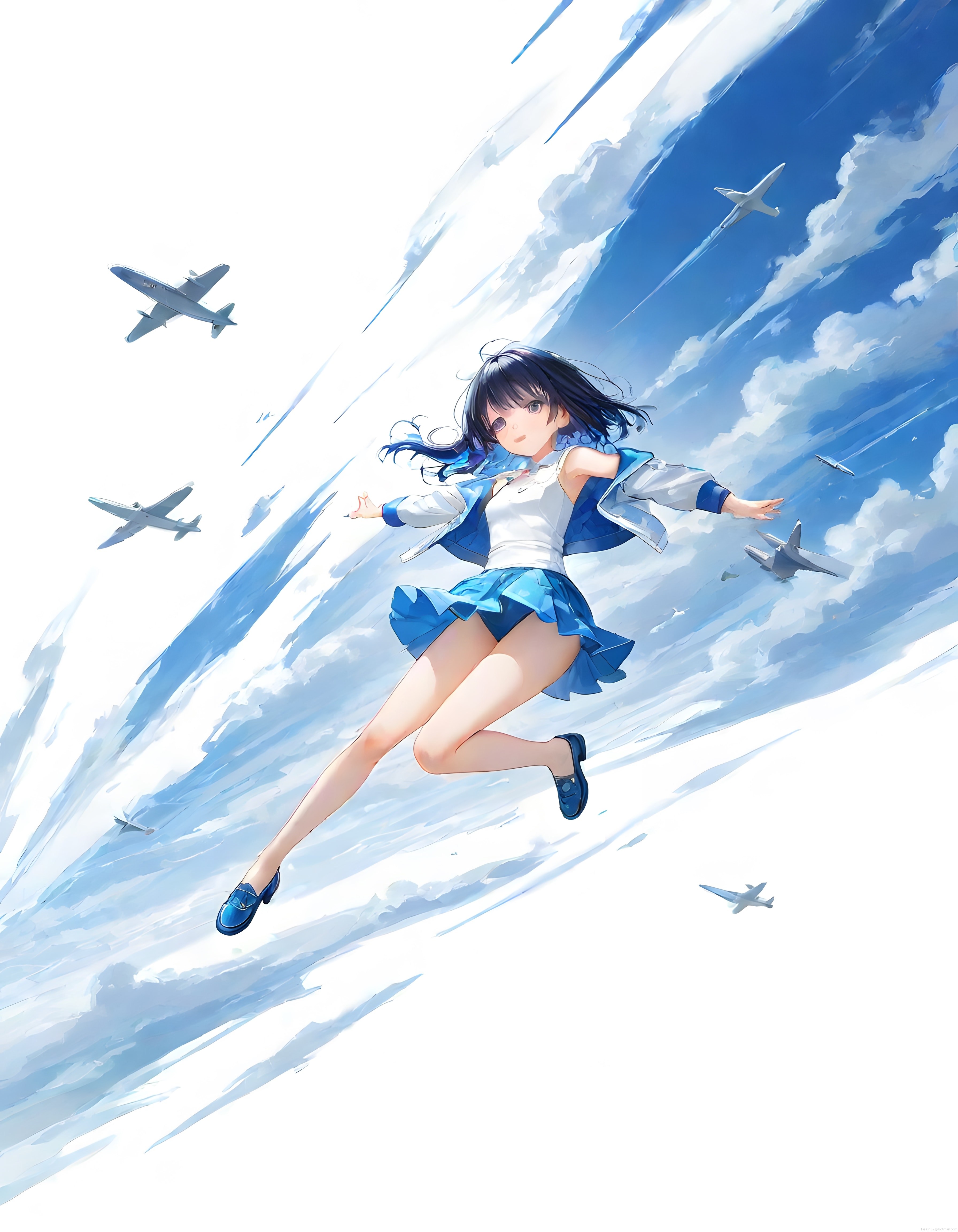 Gökyüzünde Süzülen Anime Kız ve Uçaklarla Çevrili Mavi Bulutlar