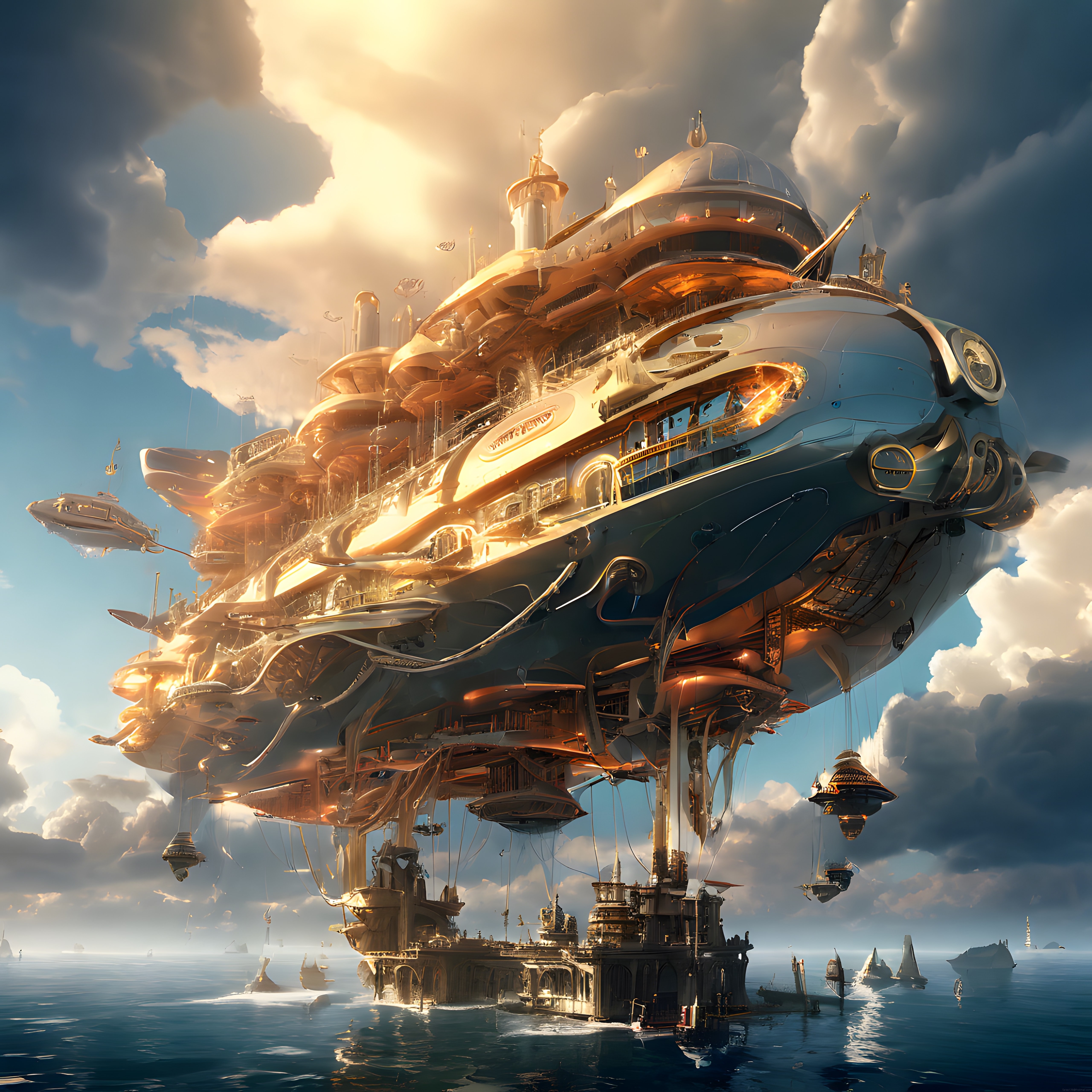 Gökyüzünde süzülen dev steampunk uçan kalesi ve altın ışıklı fantastik gemi