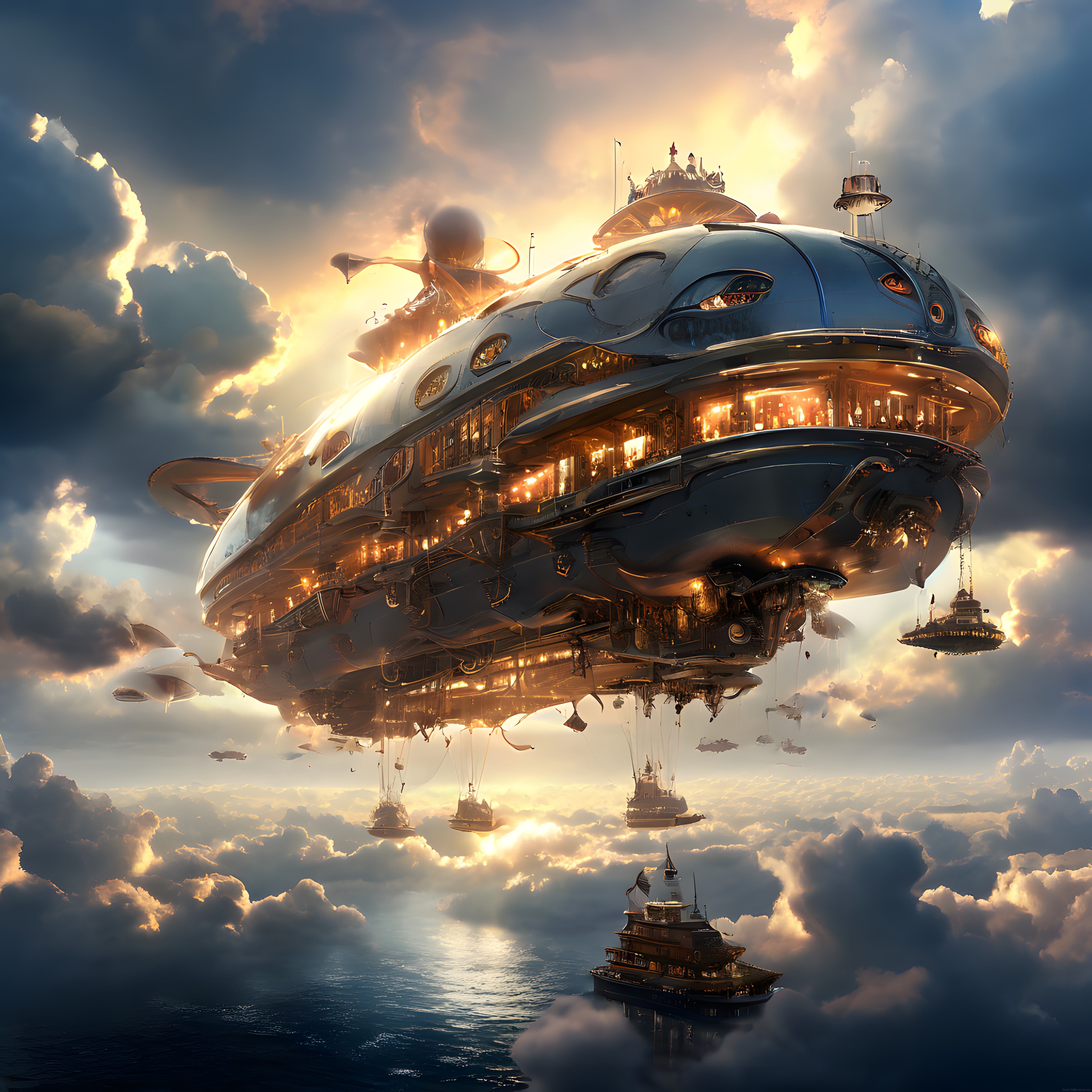Gökyüzünde Süzülen Devasa Steampunk Hava Gemisi ve Bulutlar Arası Okyanus