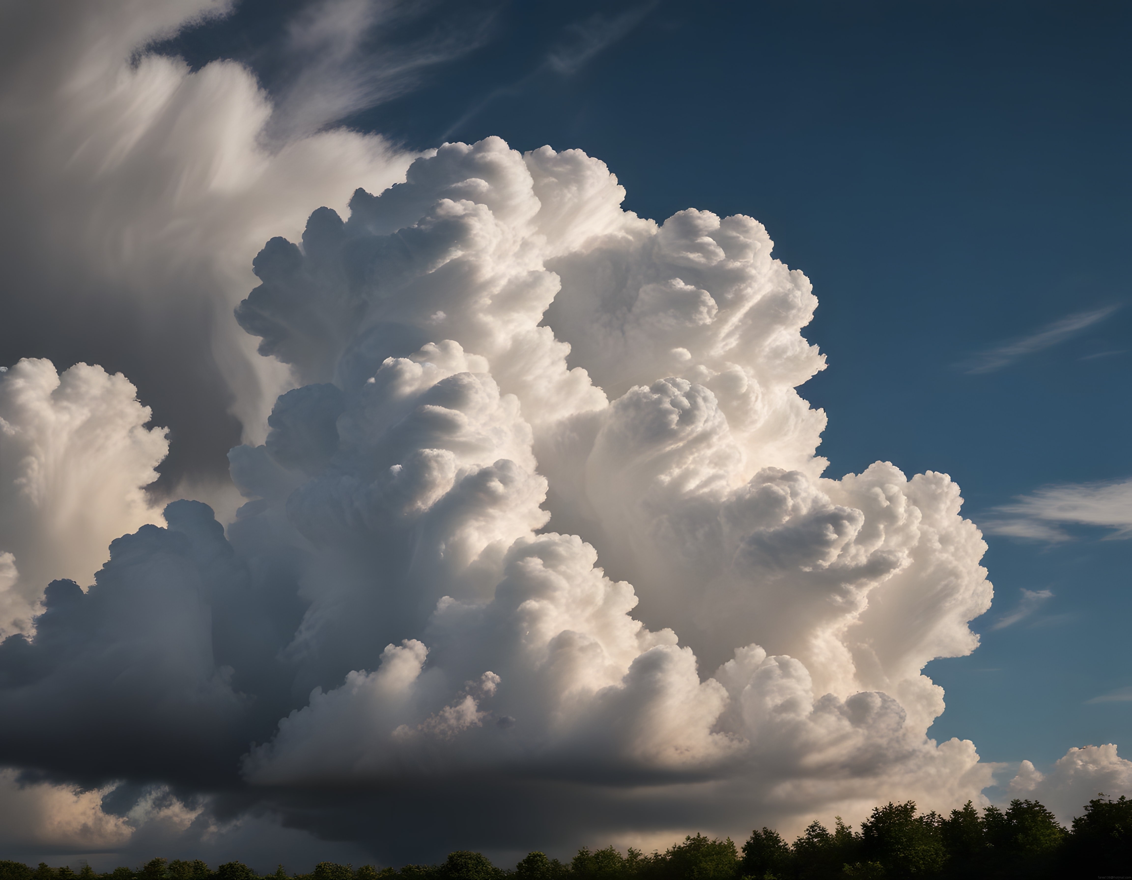 Gökyüzünde yükselen dev kümülonimbus bulutu ve ağaç silüetleriyle manzara