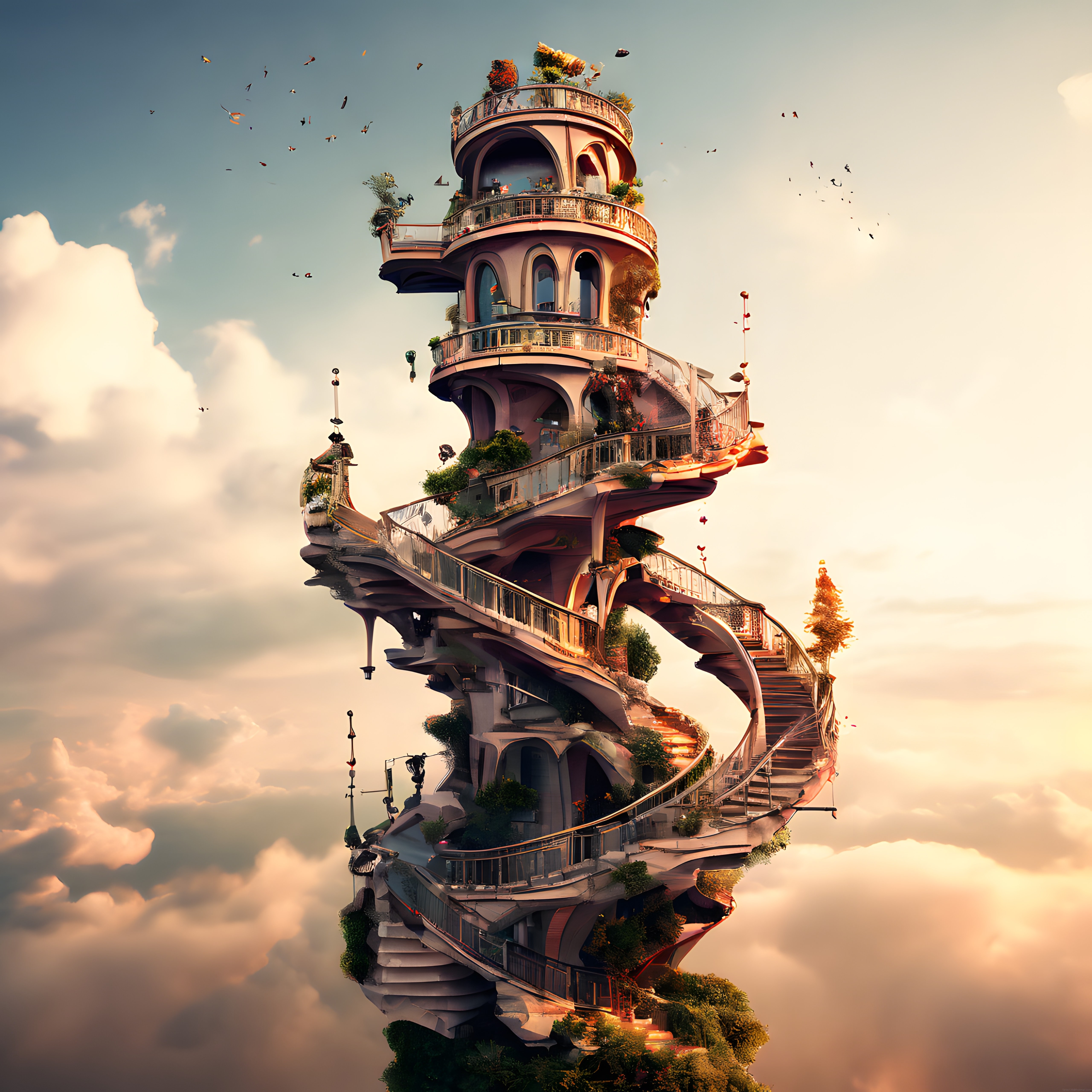 gökyüzünde yüzen fantastik spiral kule ve bulutların üzerindeki dijital rüya