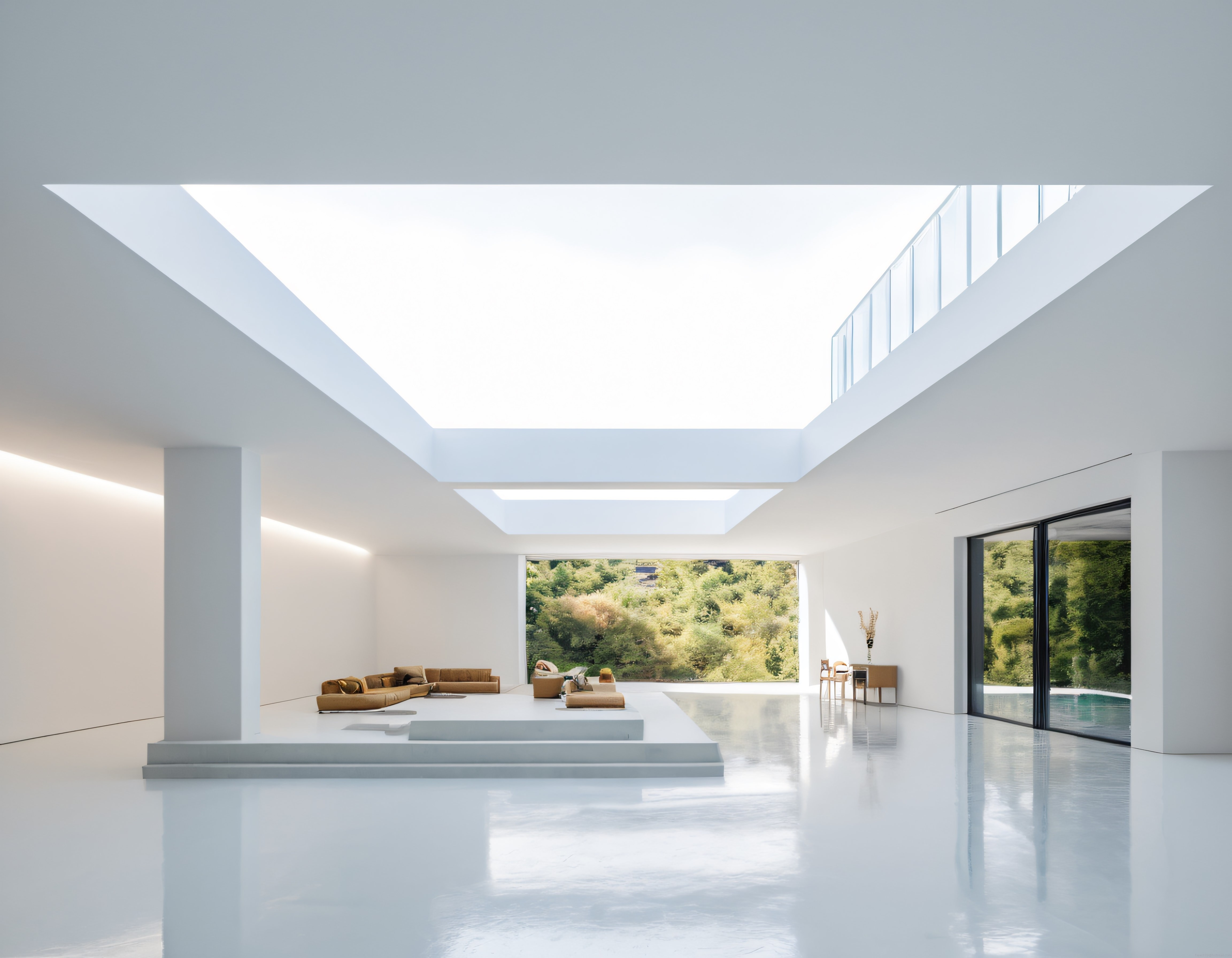 Gökyüzünden Işık Alan Minimalist Beyaz Salon ve Orman Manzarası
