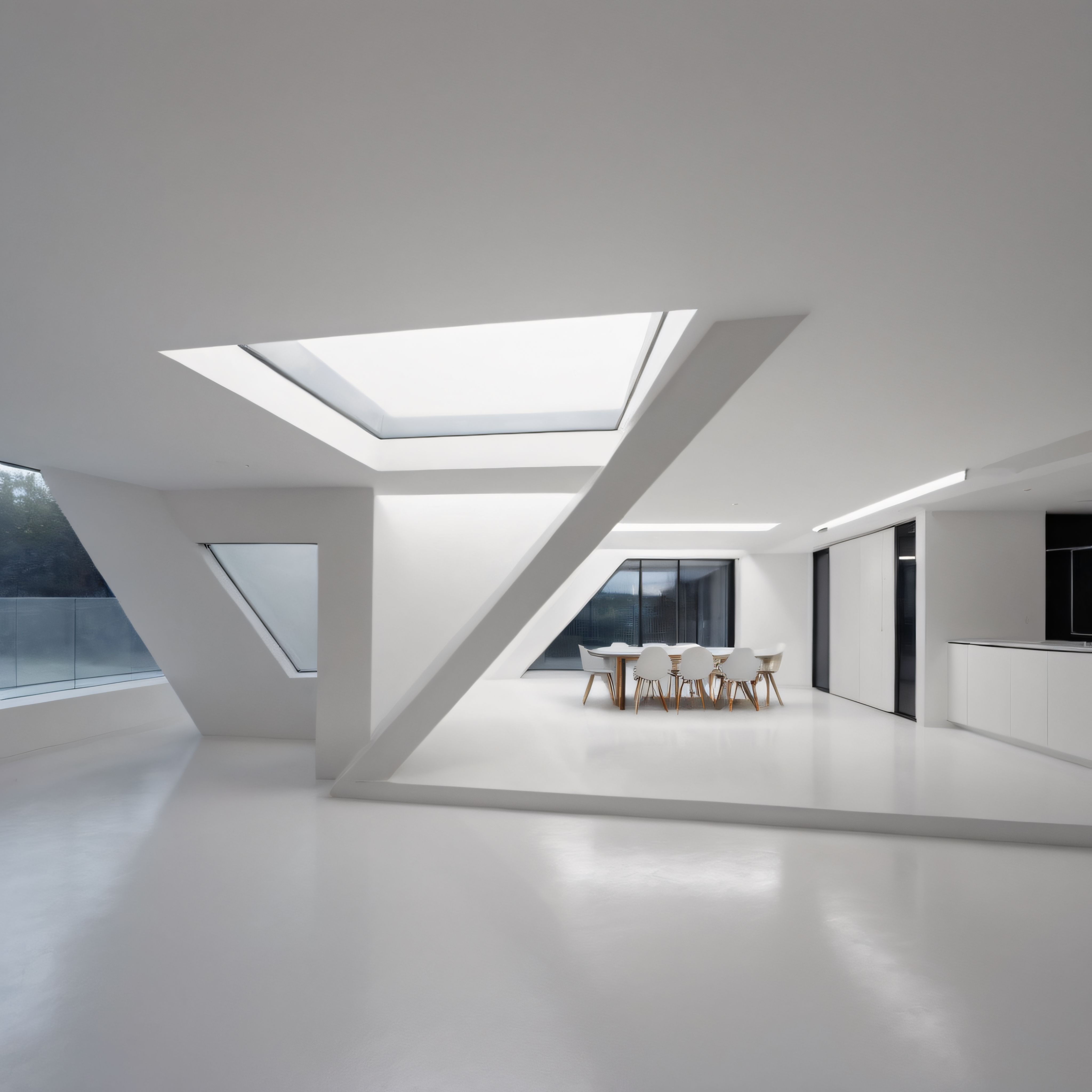Gökyüzünden Süzülen Işıkla Aydınlanan Beyaz Geometrik ve Minimalist İç Mekan