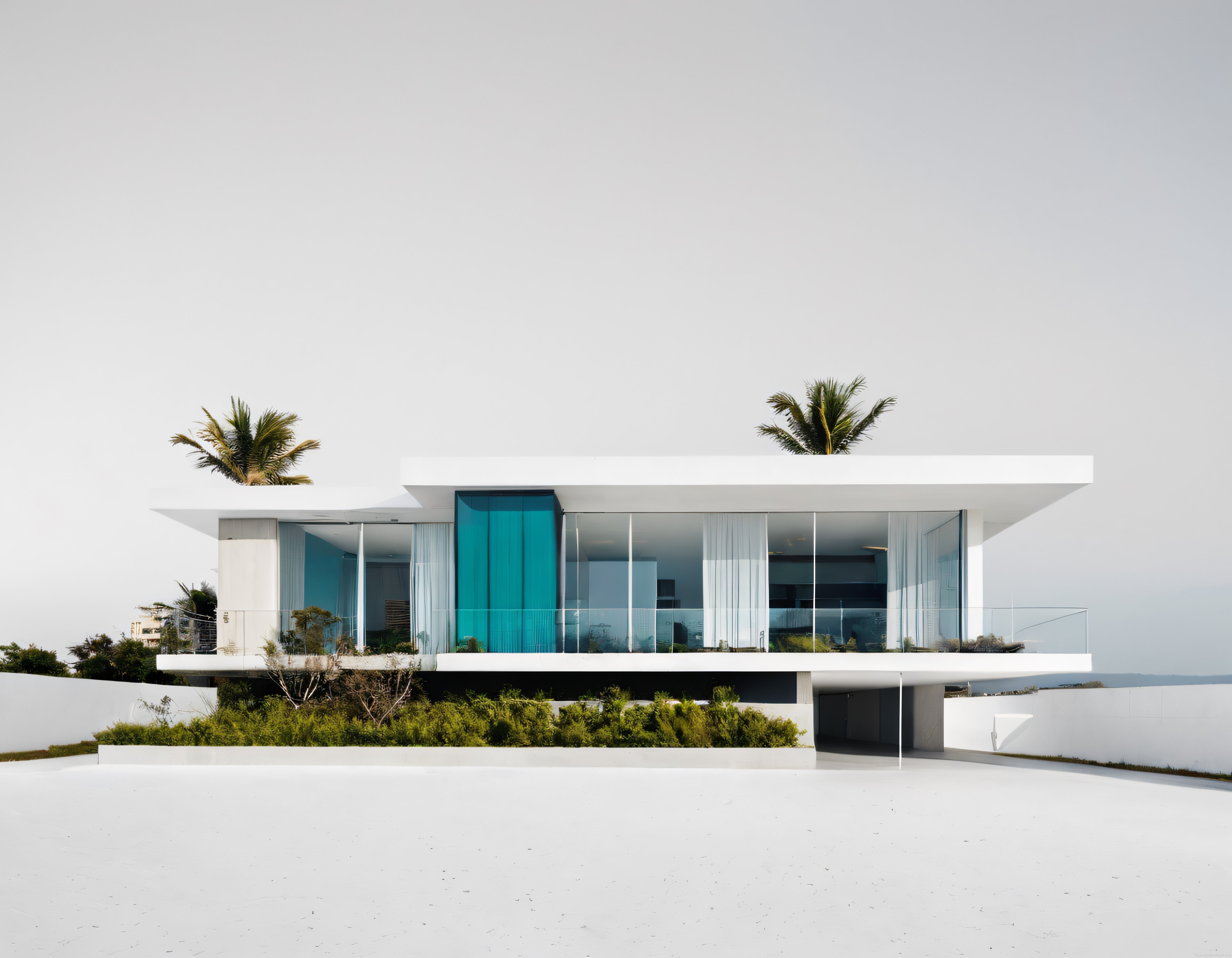 Gökyüzüne Açılan Cam Cepheli Modern Beyaz Villa ve Lüks Mimari Fotoğraf