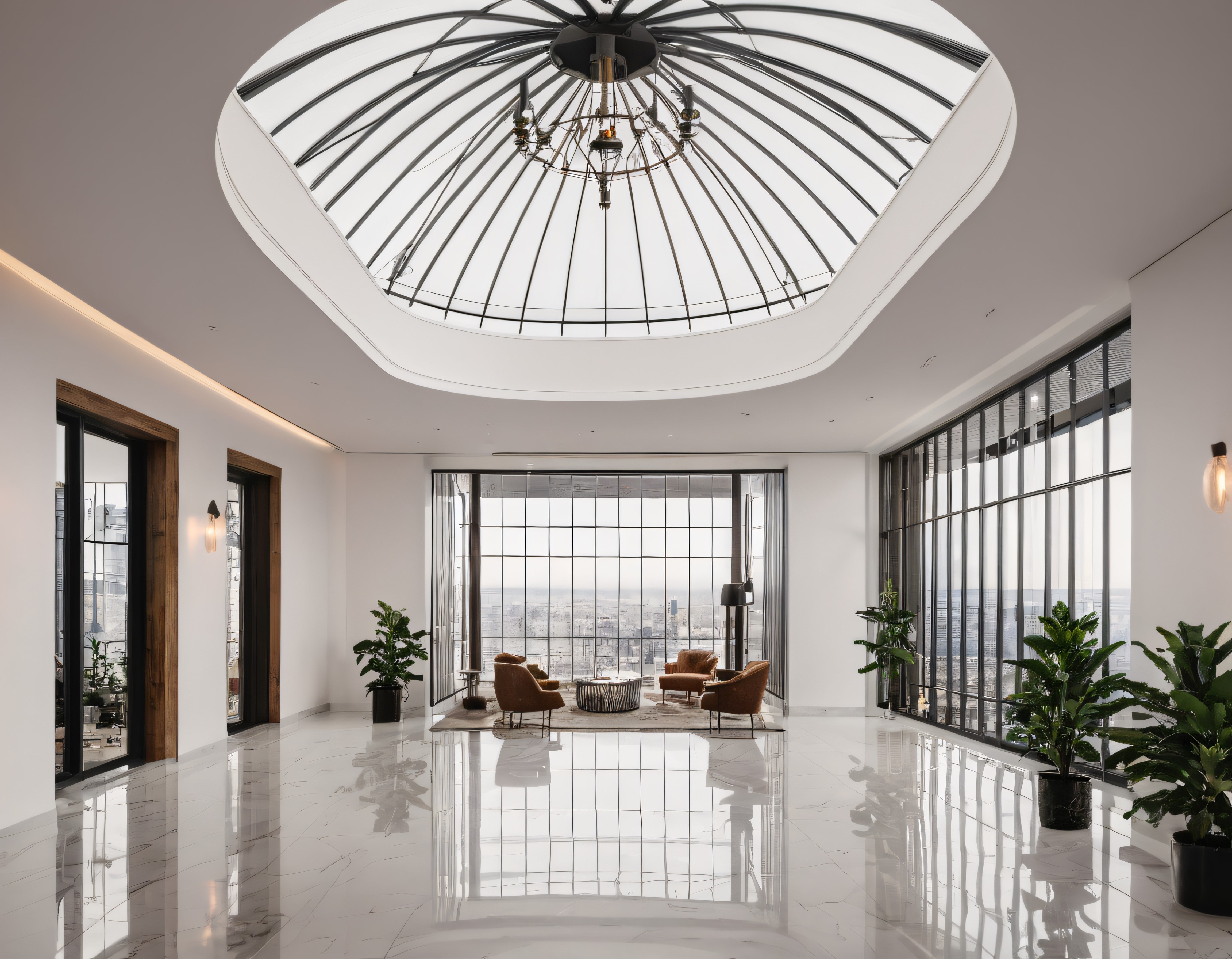 Gökyüzüne Açılan Lüks Penthouse Salonunda Modern İç Mimari ve Şehir Manzarası