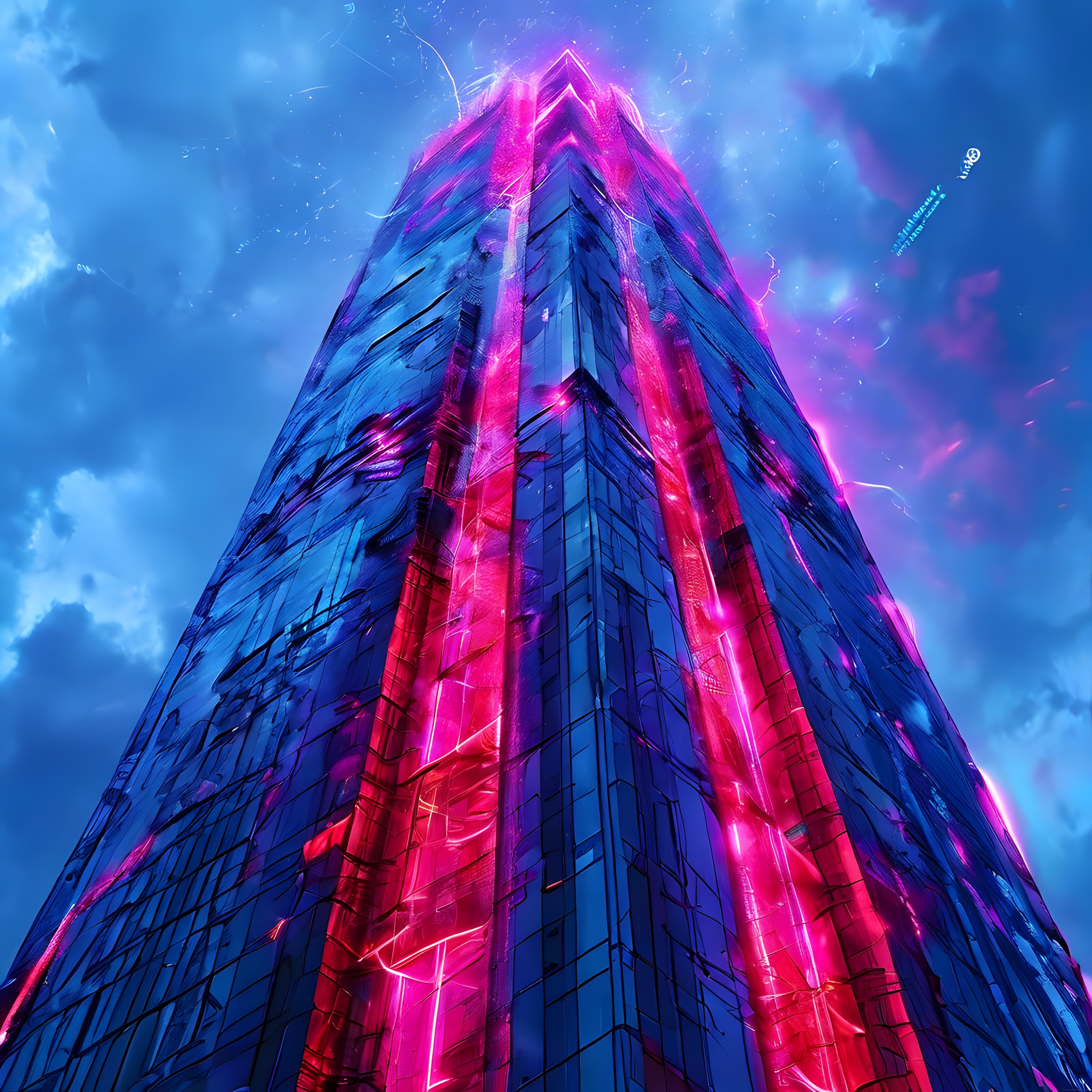 Gökyüzüne Doğru Yükselen Neon Cyberpunk Kule Dijital Sanat İllüstrasyonu
