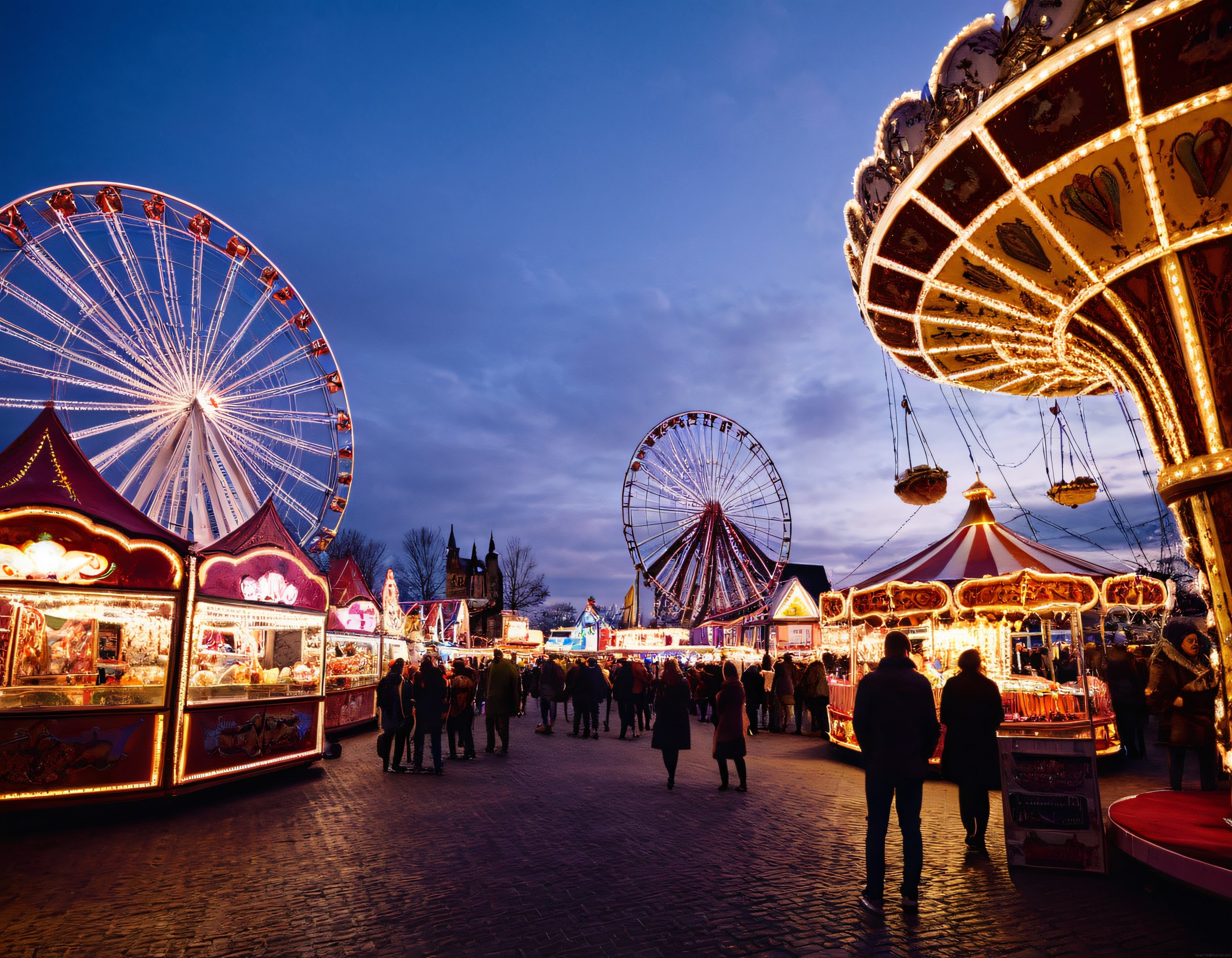 Gökyüzüne Karşı Parlayan Dönme Dolaplar ve Atlıkarıncanın Neşeli Lunapark Gecesi