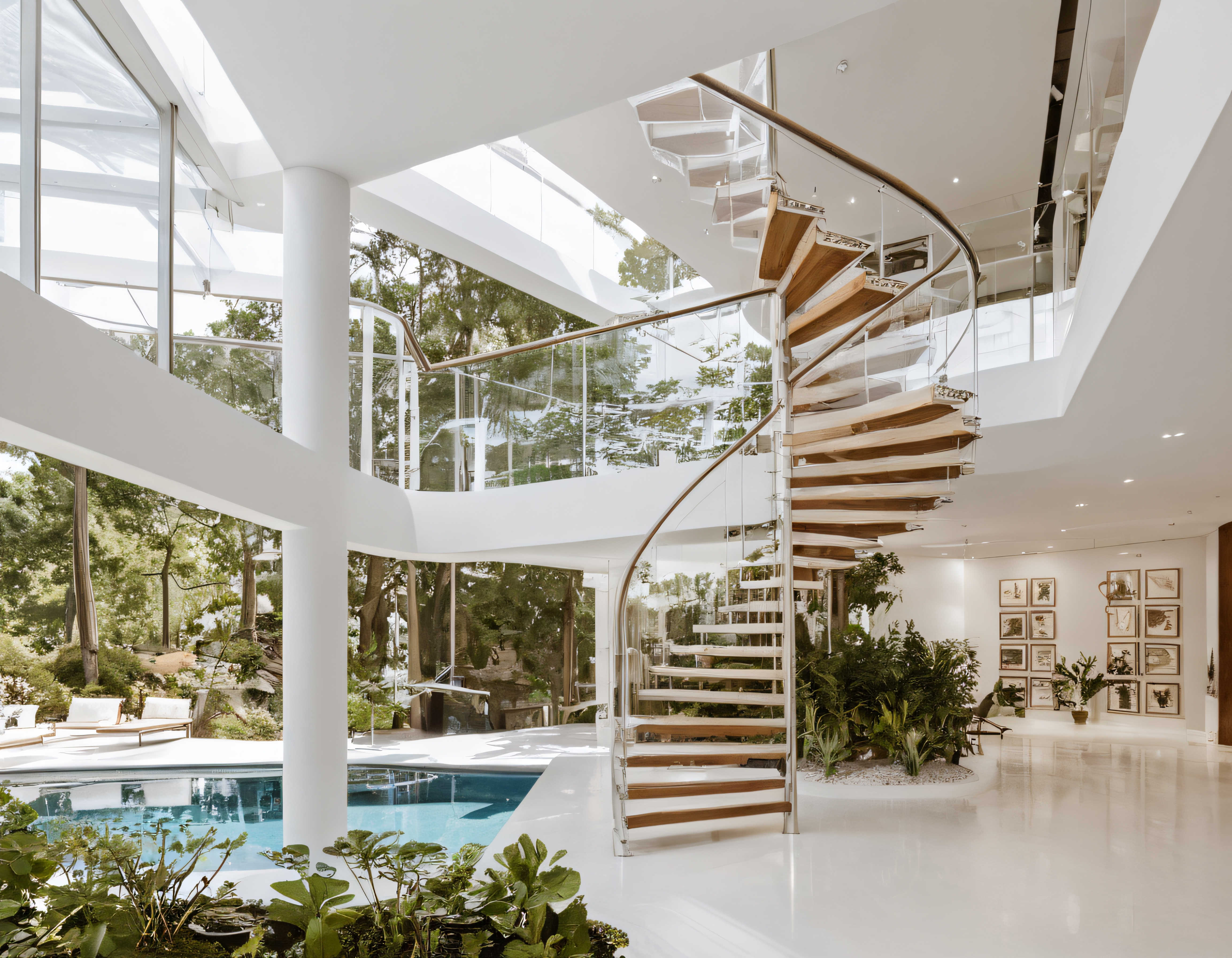Gökyüzüne uzanan spiral merdivenli cam cepheli çağdaş lüks villa iç mekanı