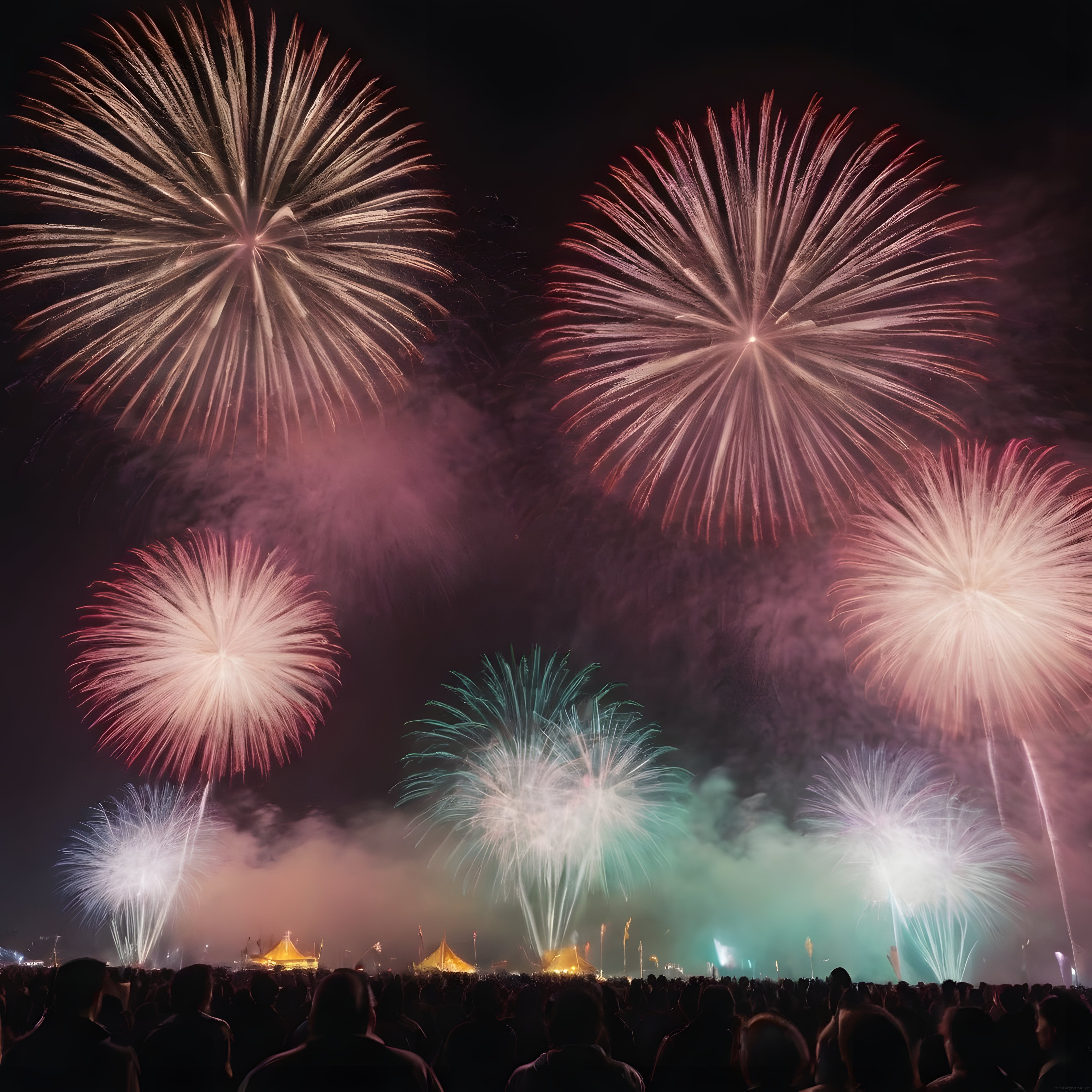 Gökyüzünü Aydınlatan Renkli Havai Fişek Gösterisi ve Festival Kalabalığı