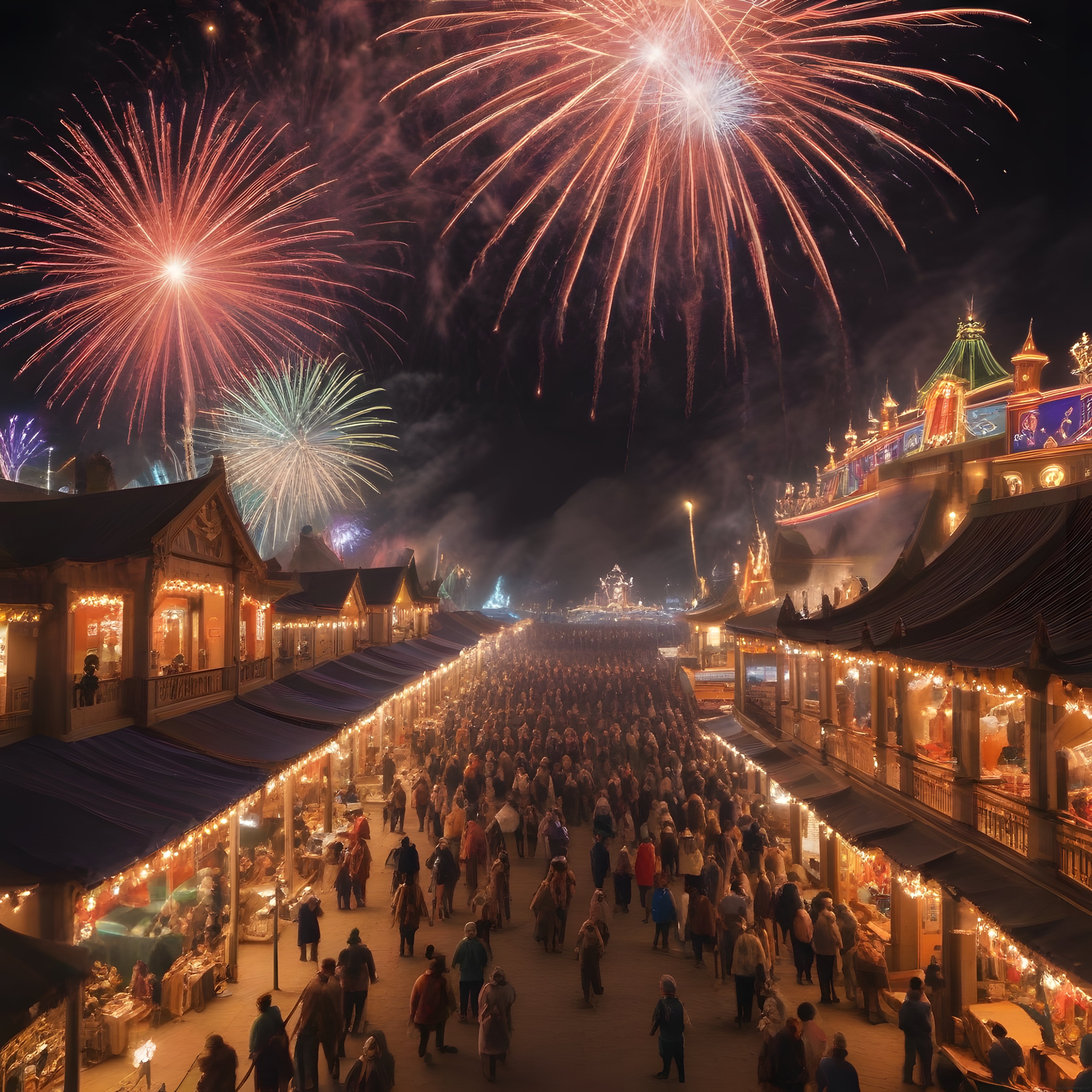 Gökyüzünü Kaplayan Renkli Havai Fişek Şöleni ve Altındaki Festival Meydanı