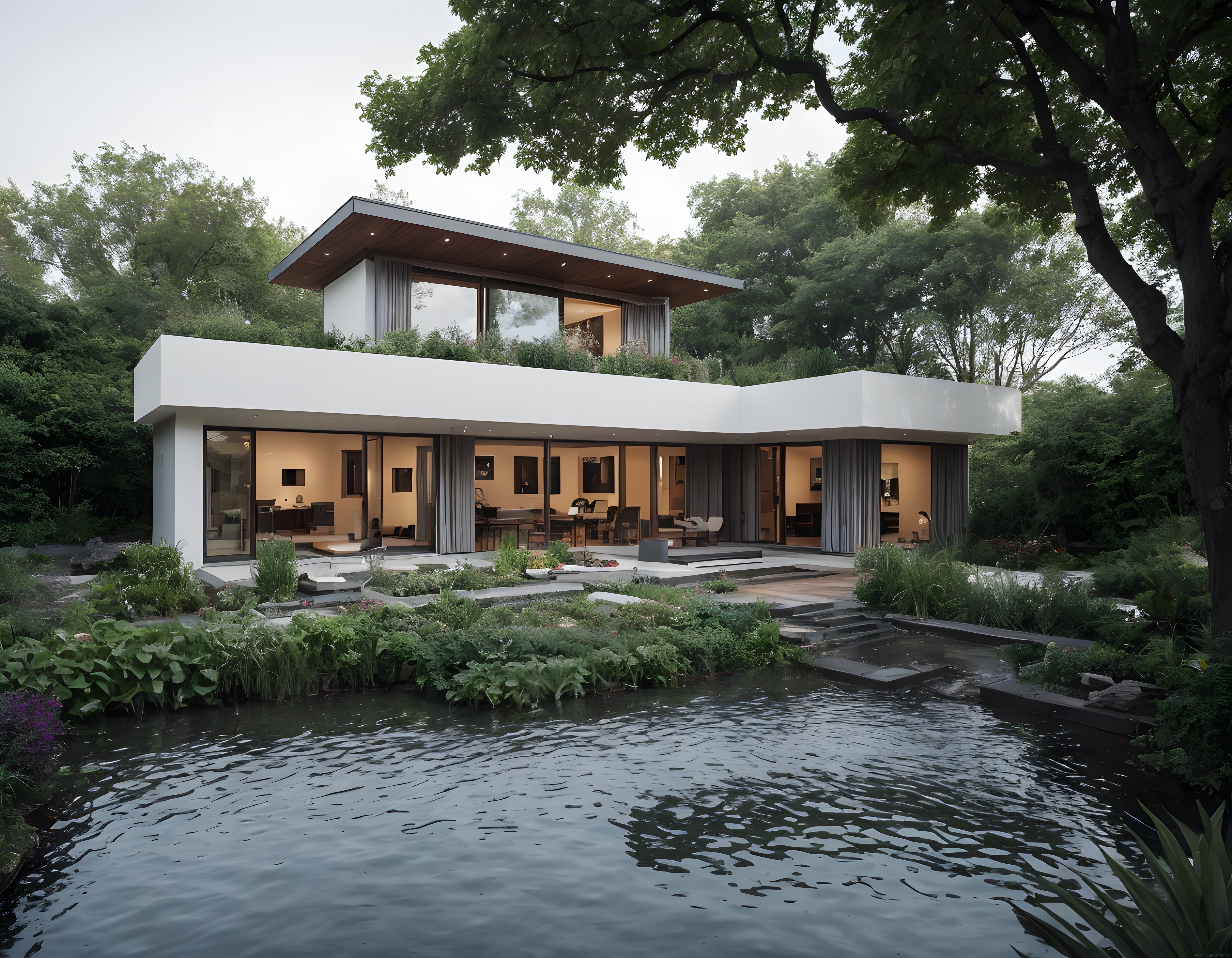 Göl Kenarında Çevreyle Uyumlu Modern Villa ve Doğal Peyzaj Tasarımı