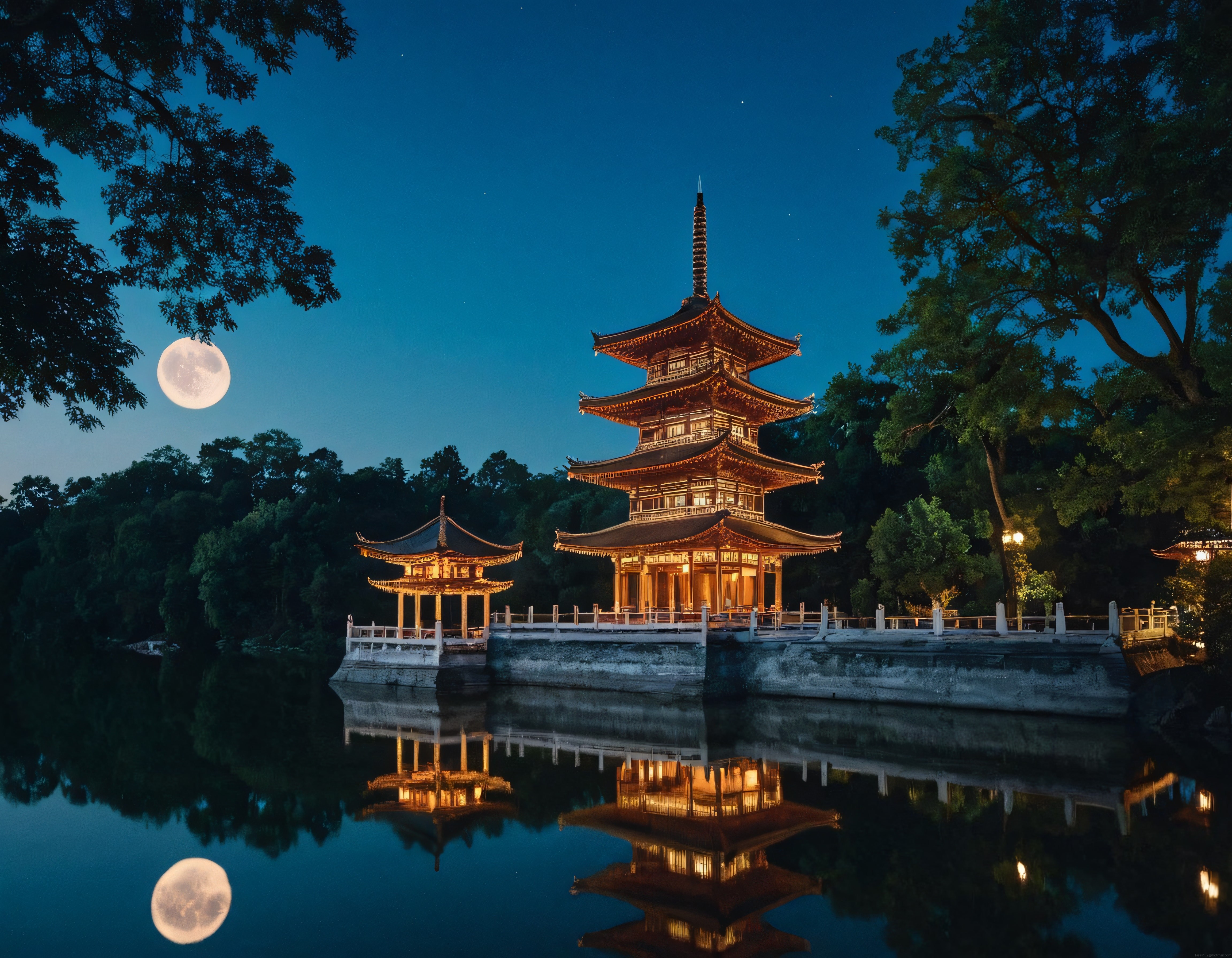 Göl Kenarında Dolunaylı Gecede Işıklı Japon Pagodası ve Sessiz Yansıması