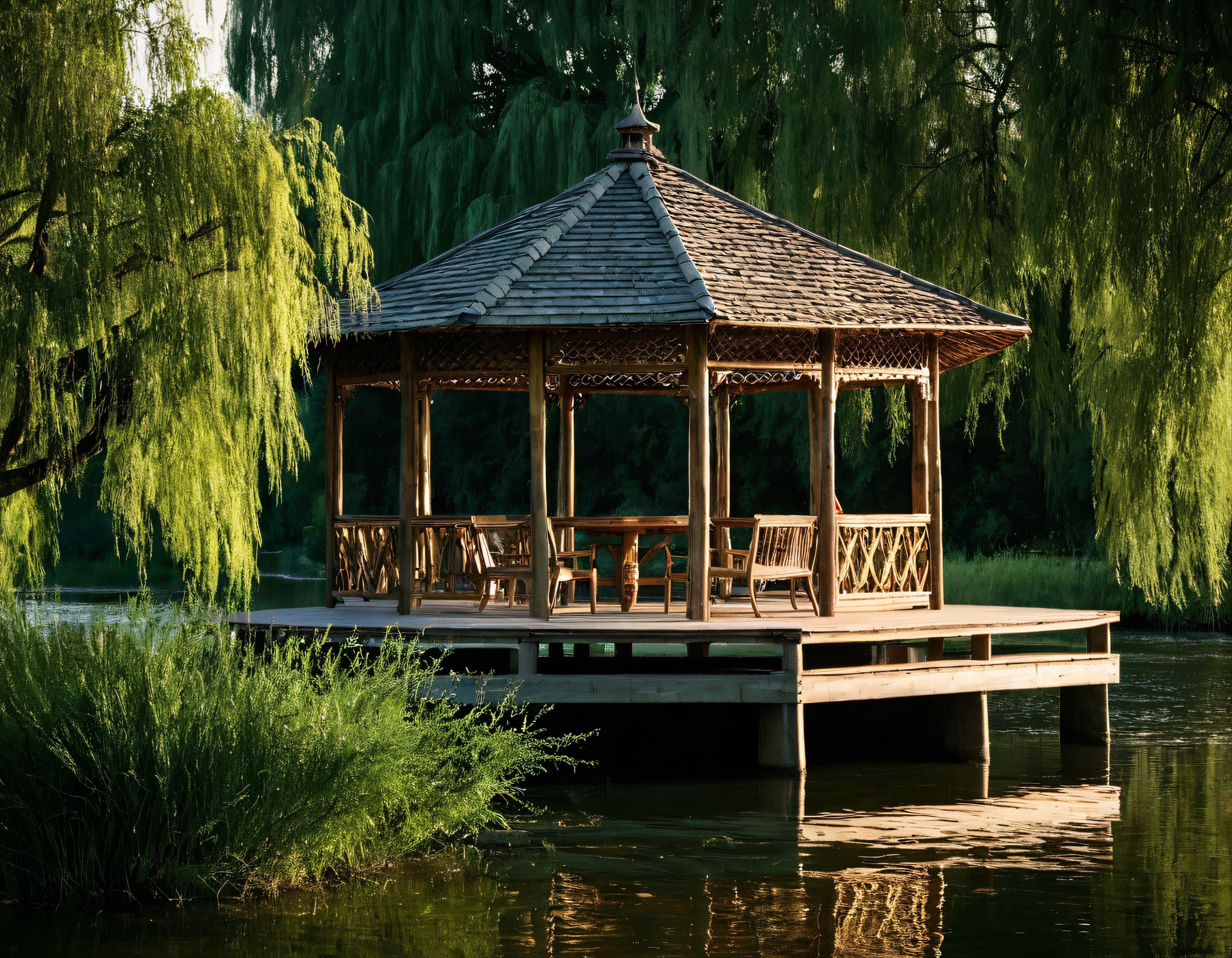 Göl Kenarında Eski Ahşap Gazebo ve Söğüt Ağaçlarının Huzur Veren Uyumu
