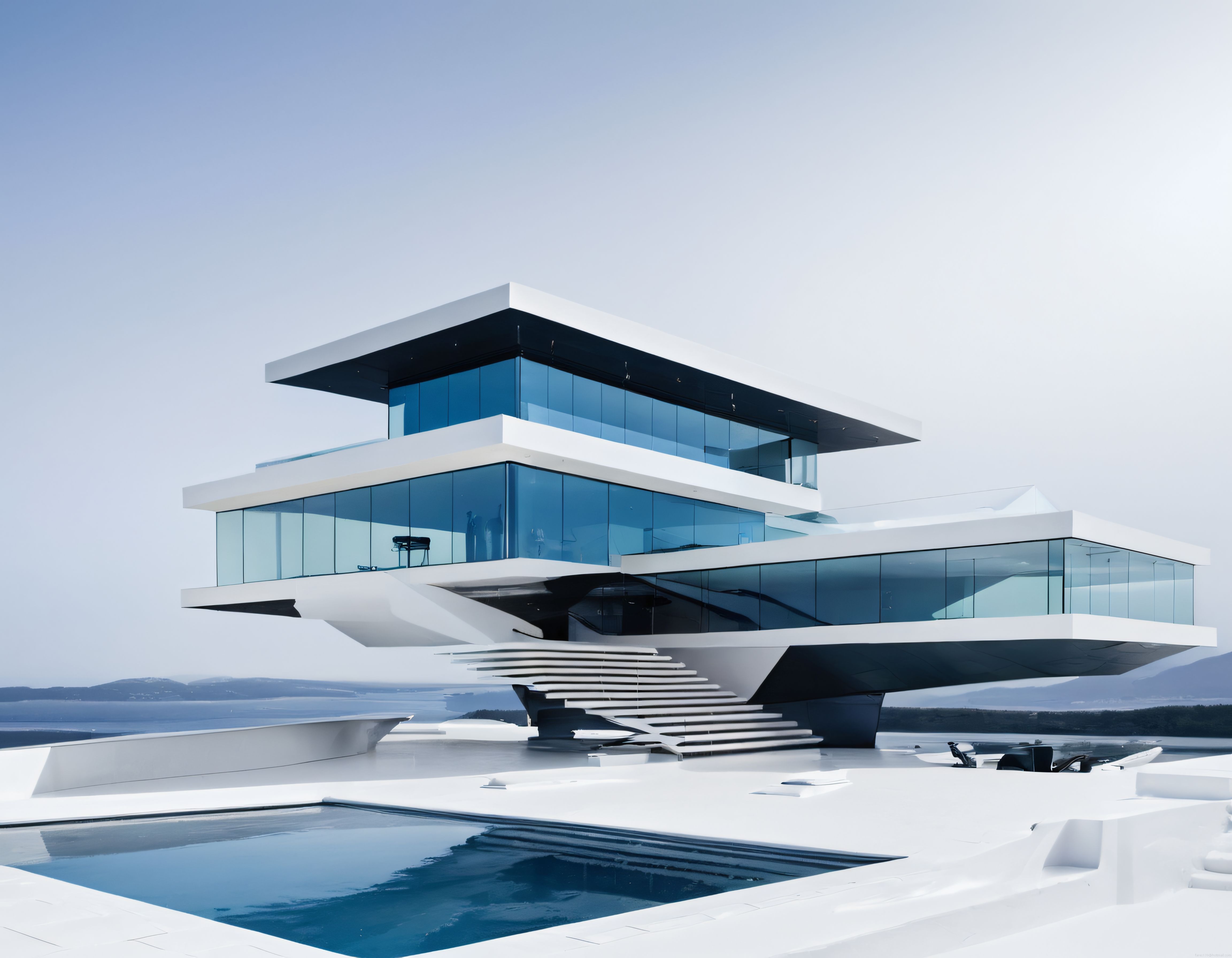 Göl kenarında geometrik hatlarıyla göz alan modern ve futuristik mimari yapı