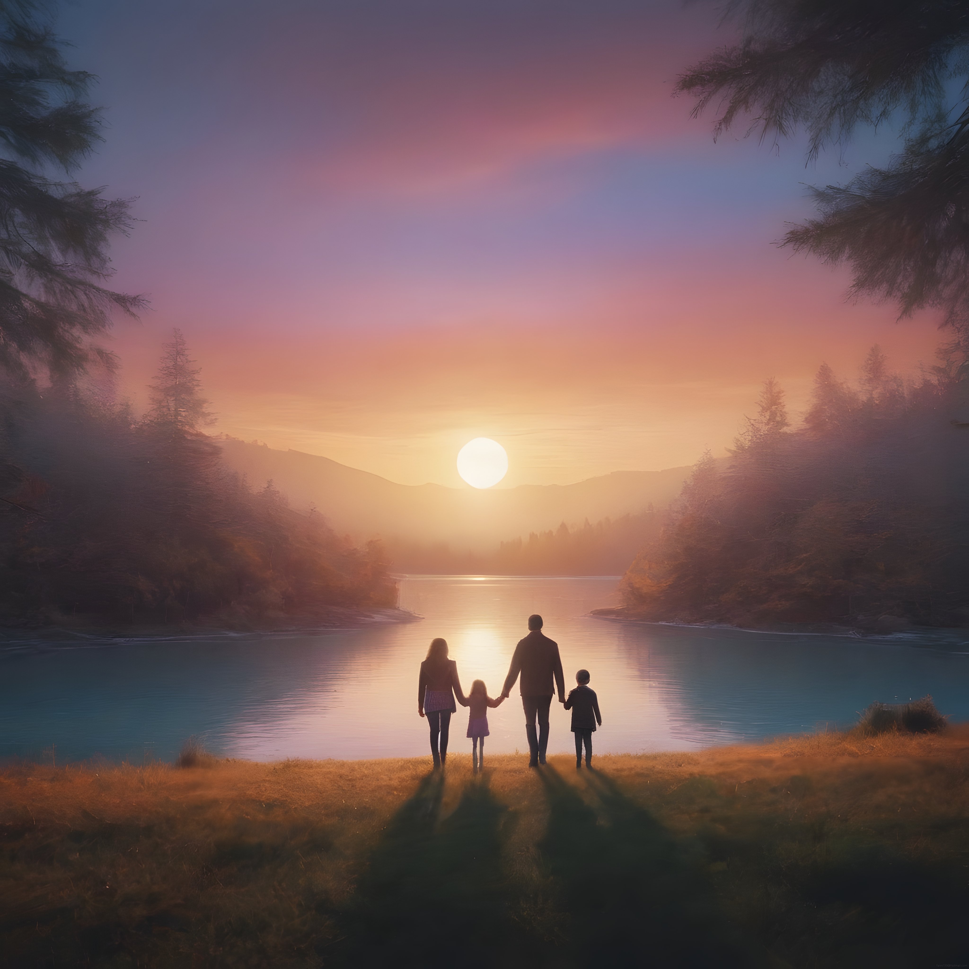 Göl Kenarında Gün Batımında Bir Ailenin Doğayla İç İçe Huzurlu Anları