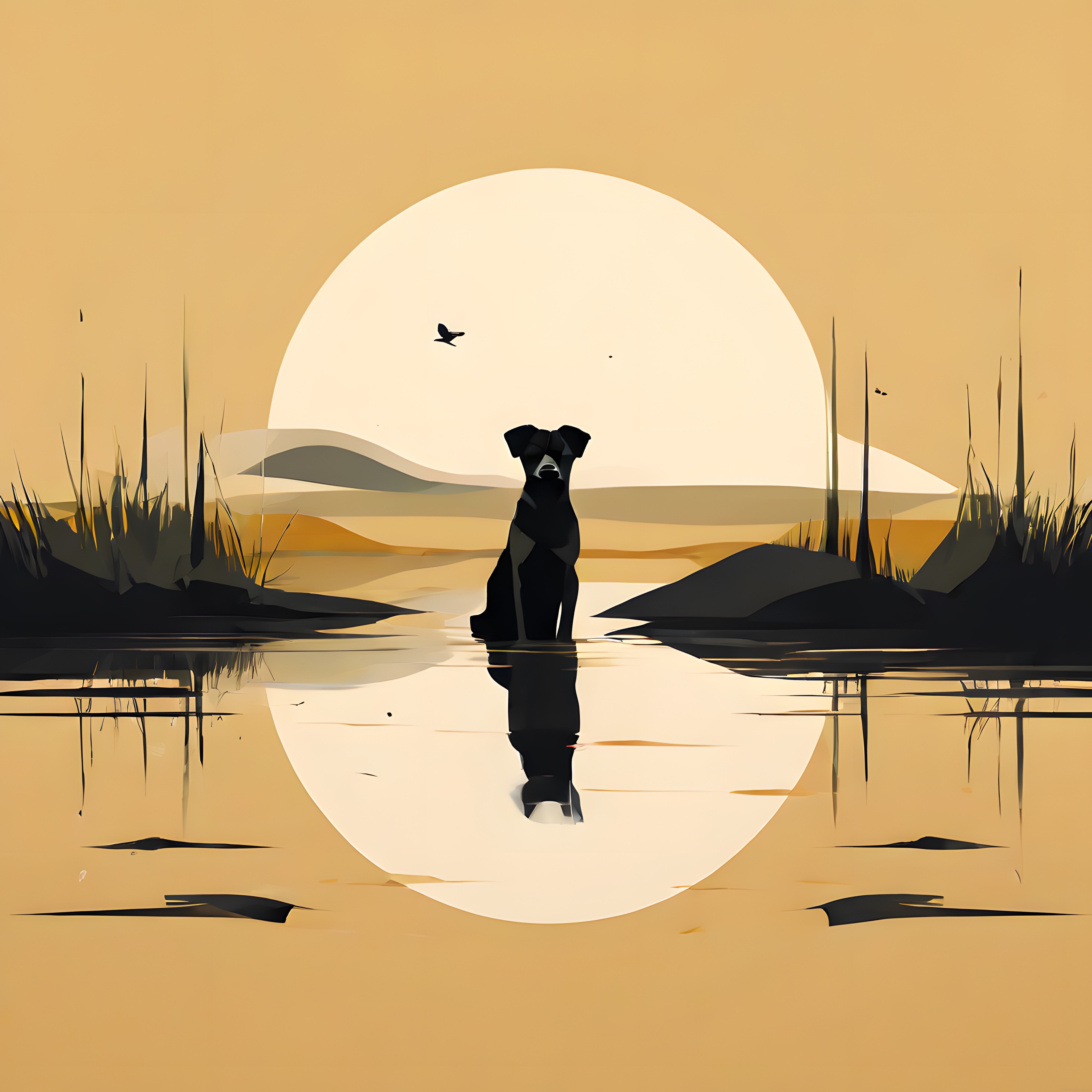 Göl Kenarında Gün Batımını İzleyen Köpek Silueti Minimal Dijital Sanat