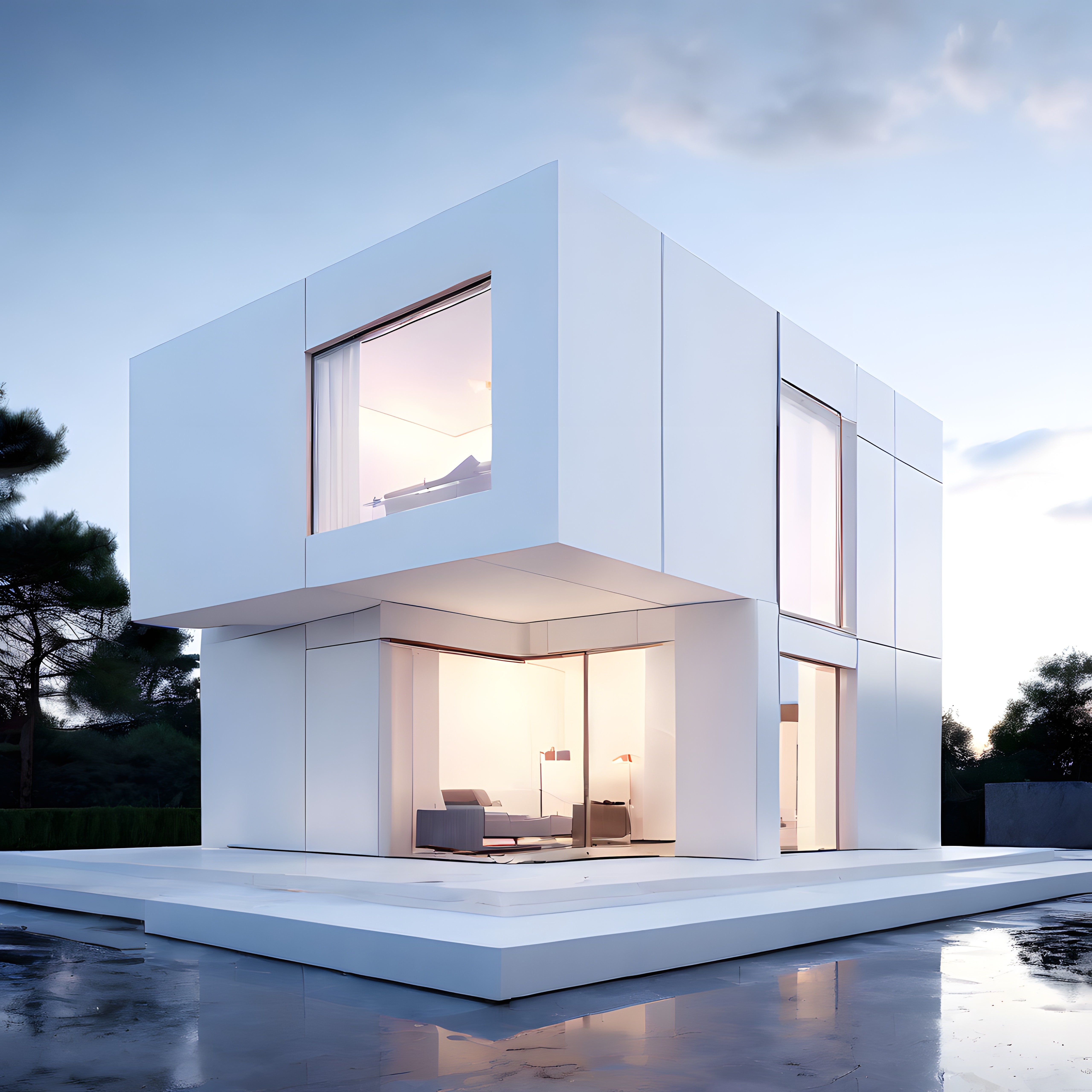 Göl Kenarında Modern Beyaz Villa: Minimalist Mimari ve Geometrik Çizgilerin Uyumu