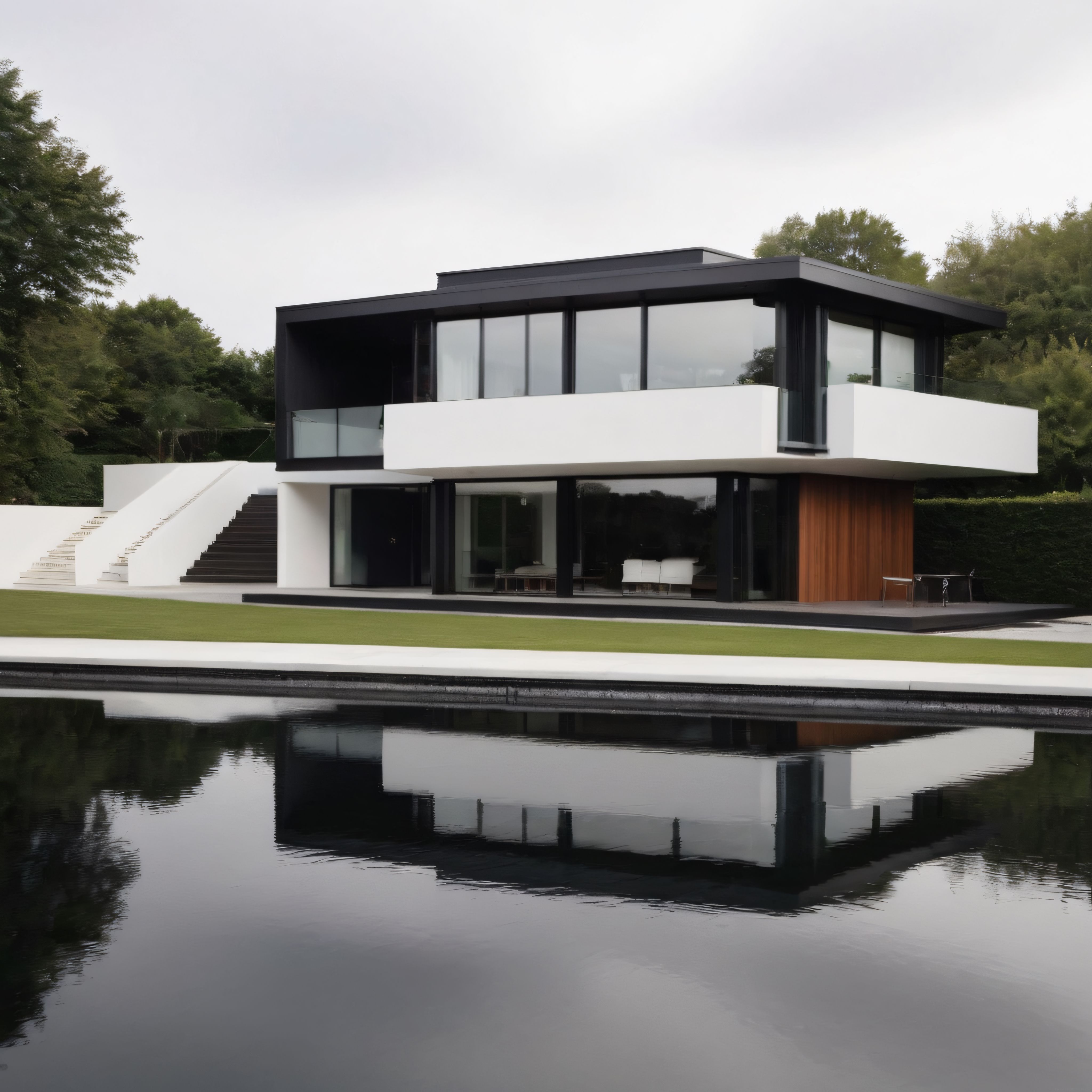 Göl Kenarında Modern Mimari: Siyah Beyaz ve Ahşap Detaylı Lüks Villa