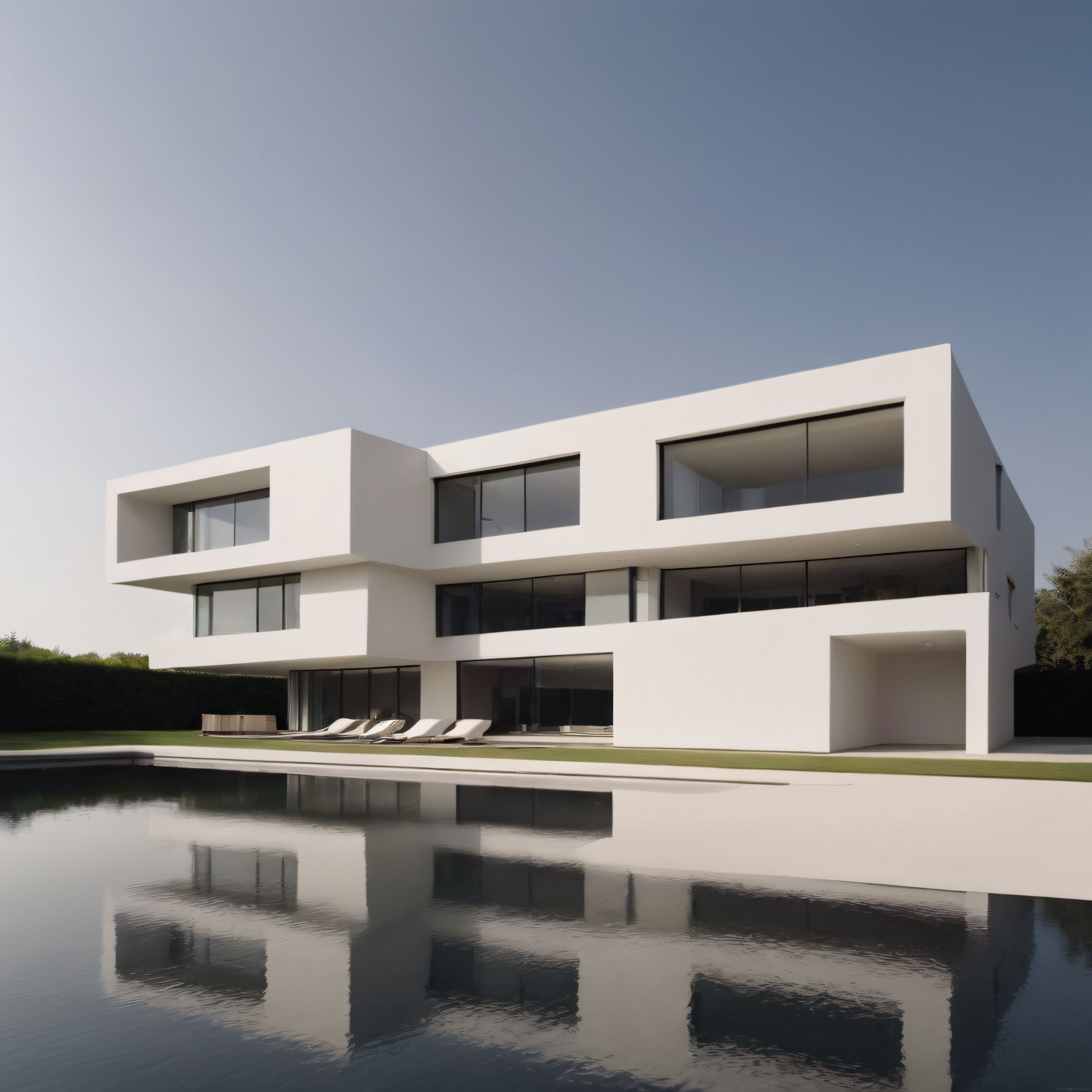 Göl Kenarında Modern Minimalist Beyaz Villa ve Yansıma Detayları