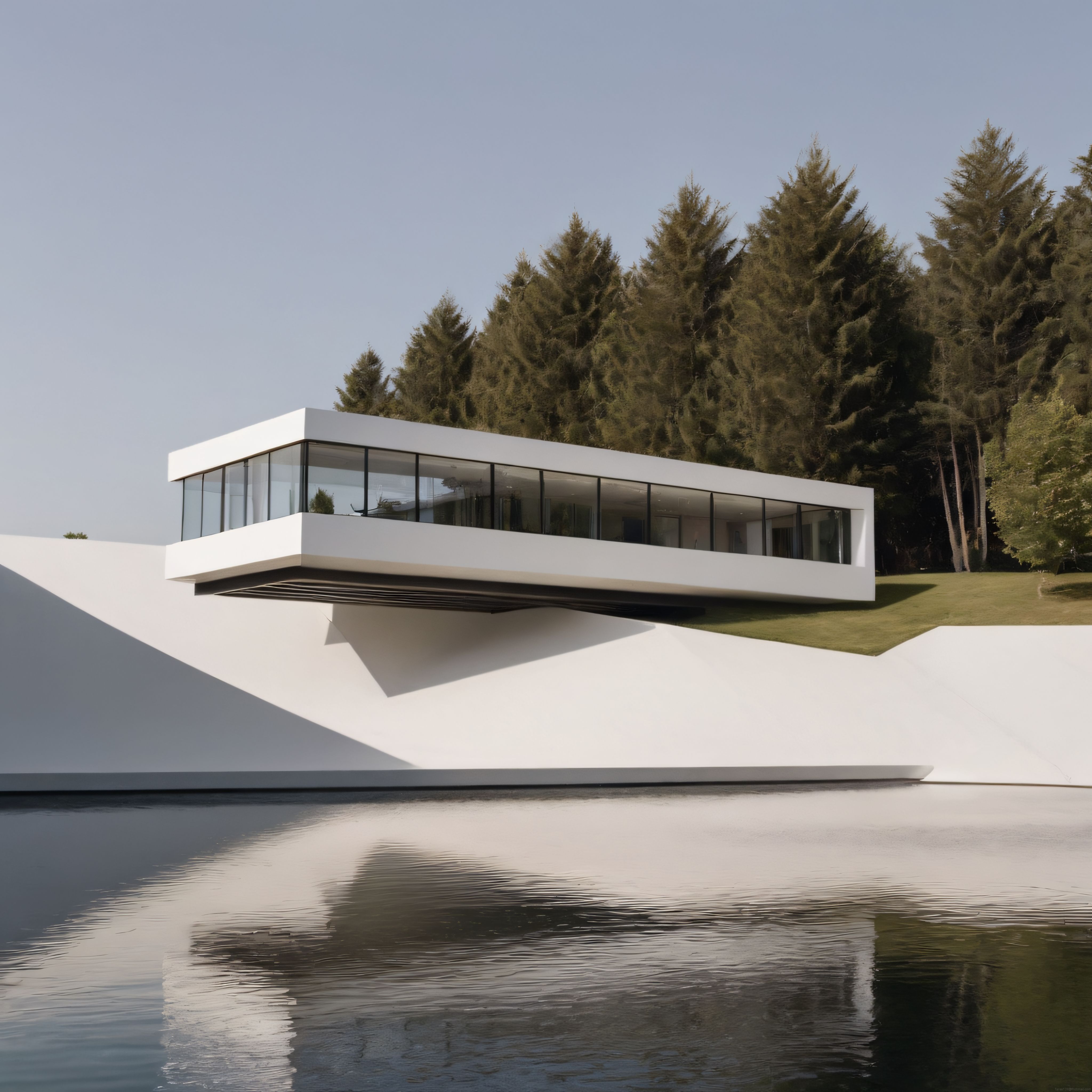 Göl Kenarında Modern Minimalist Mimari: Doğa İçinde Süspansiyonlu Beyaz Villa