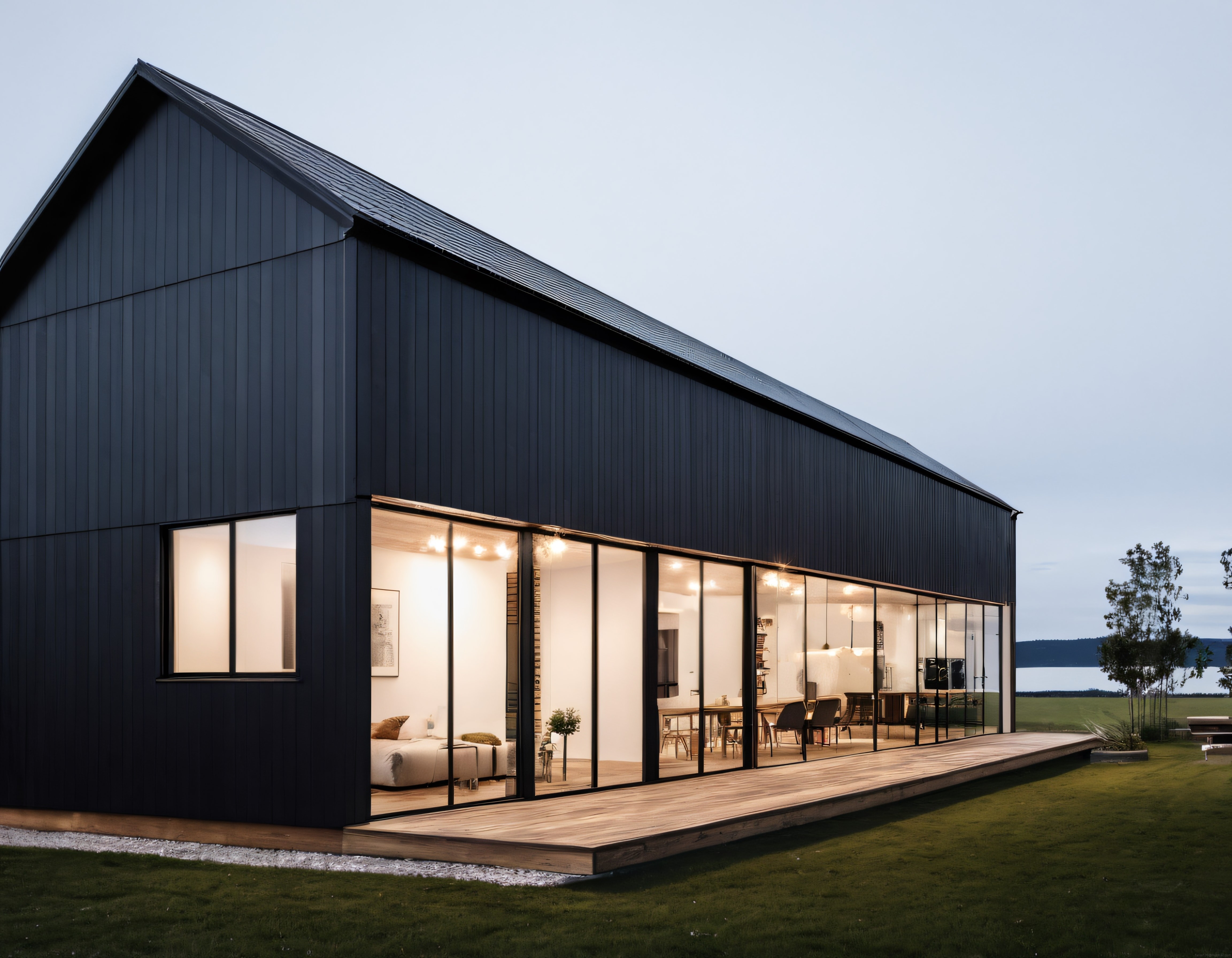 Göl Kenarında Modern Minimalist Siyah Cepheli Villa ve Ahşap Teras