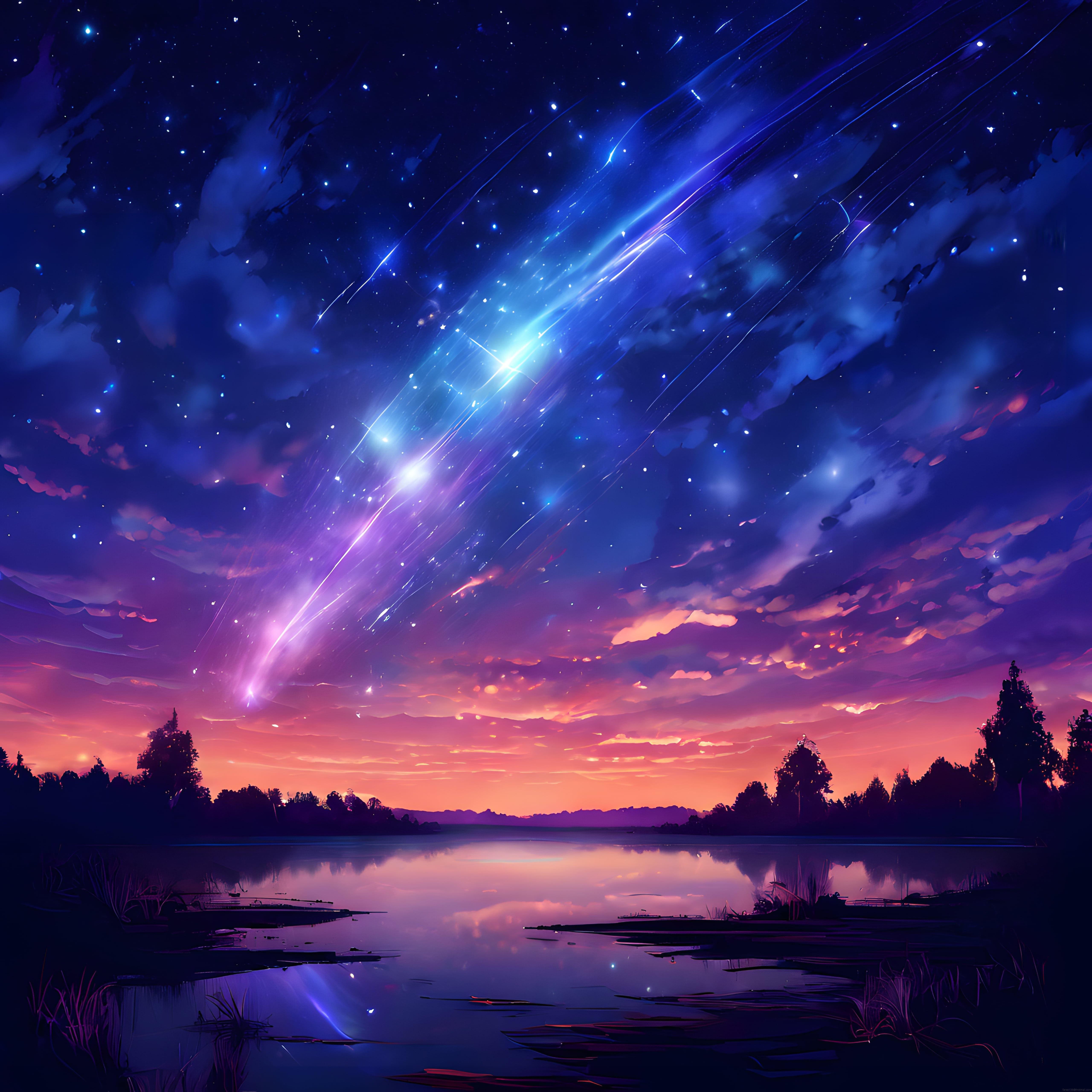 Göl Kenarında Mor Işıklı Gökyüzünde Büyüleyici Meteor Yağmuru Animasyonu