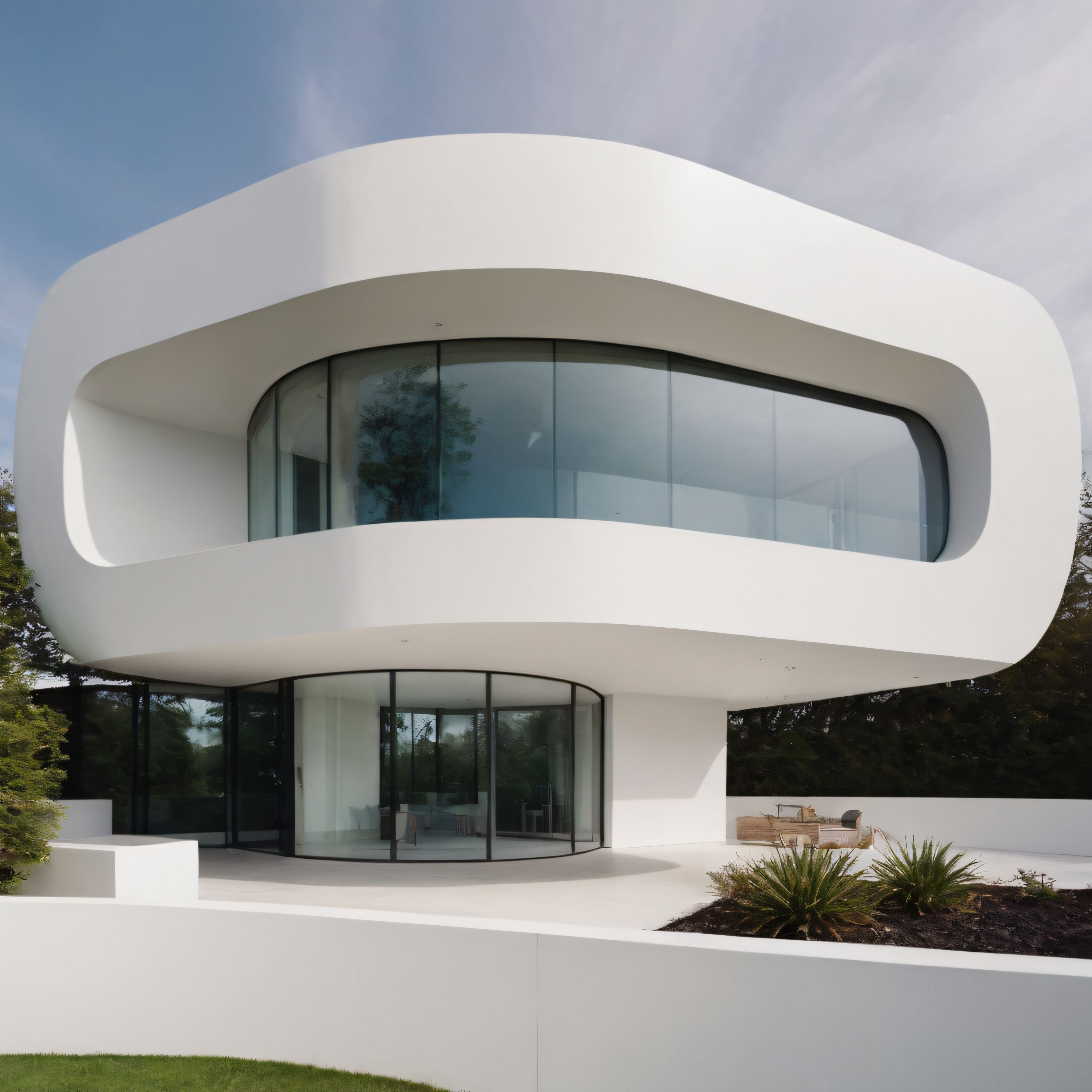 Göl kenarında organik formlara sahip beyaz modern villa ve çağdaş mimari
