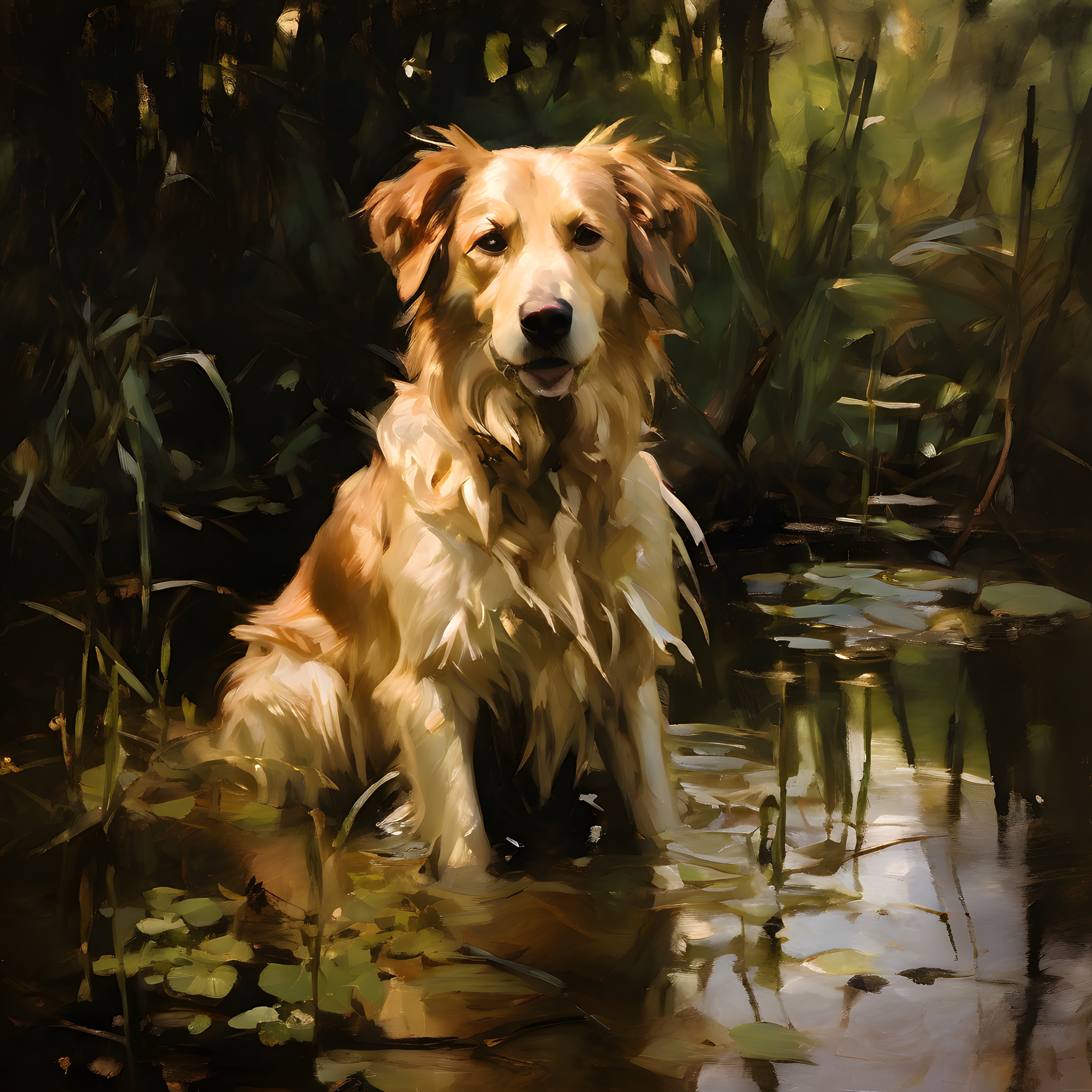 Göl Kenarında Oturan Islak Tüylü Golden Retriever Dijital Sanat Çalışması
