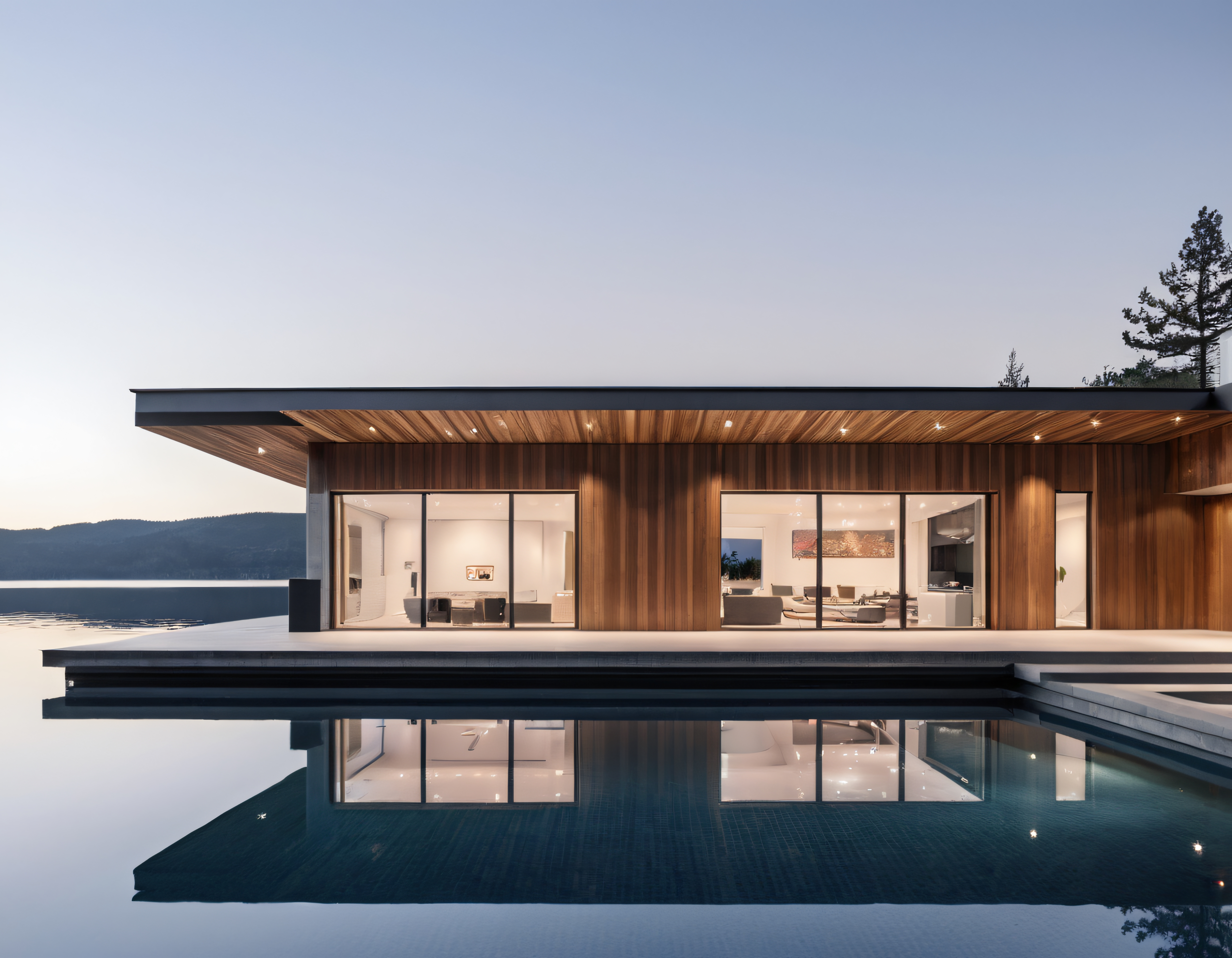 Göl Kenarında Sonsuzluk Havuzlu ve Ahşap Cepheli Modern Minimalist Villa