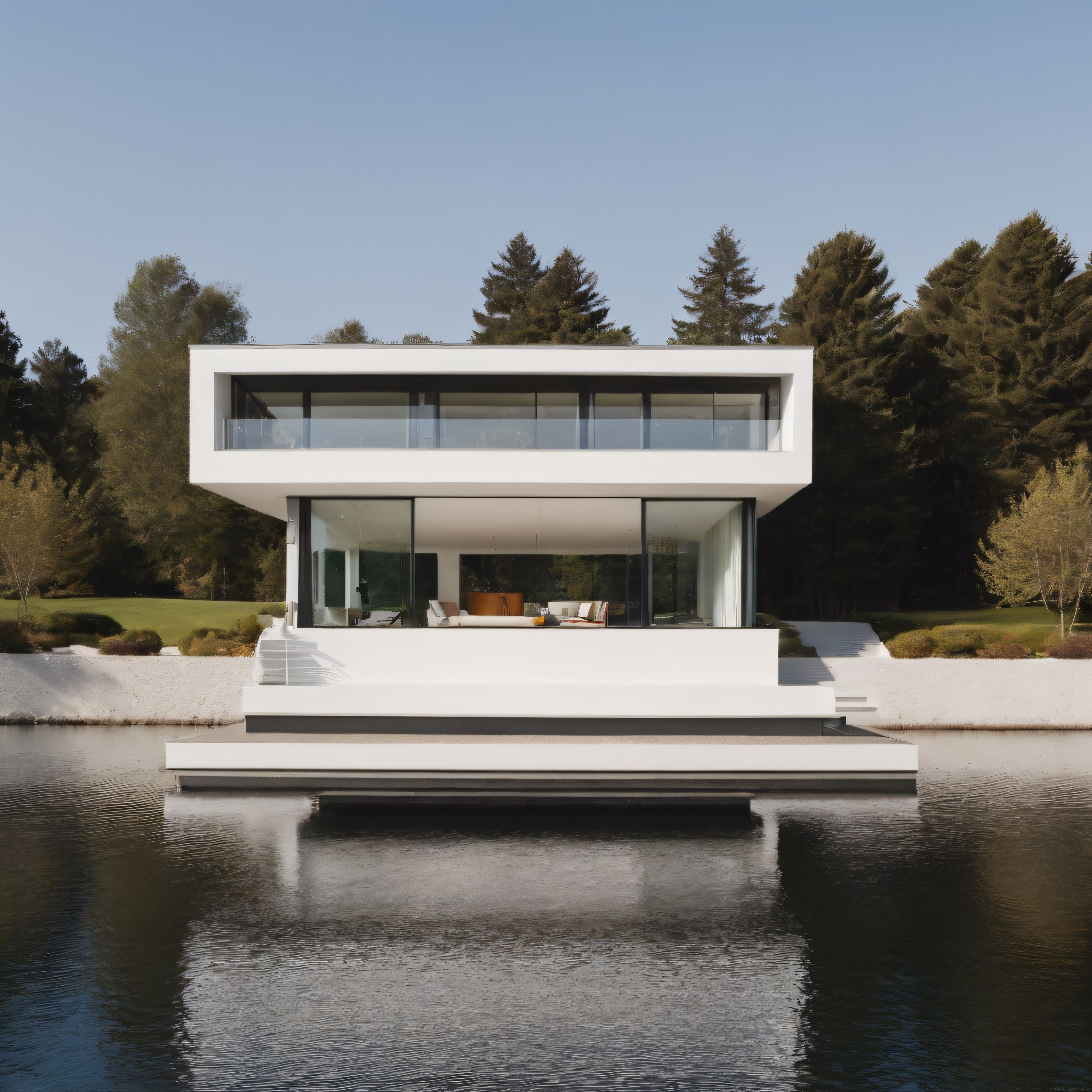 Göl Kenarında Yansımalı Lüks Modern Villa ve Çevresel Peyzaj Tasarımı