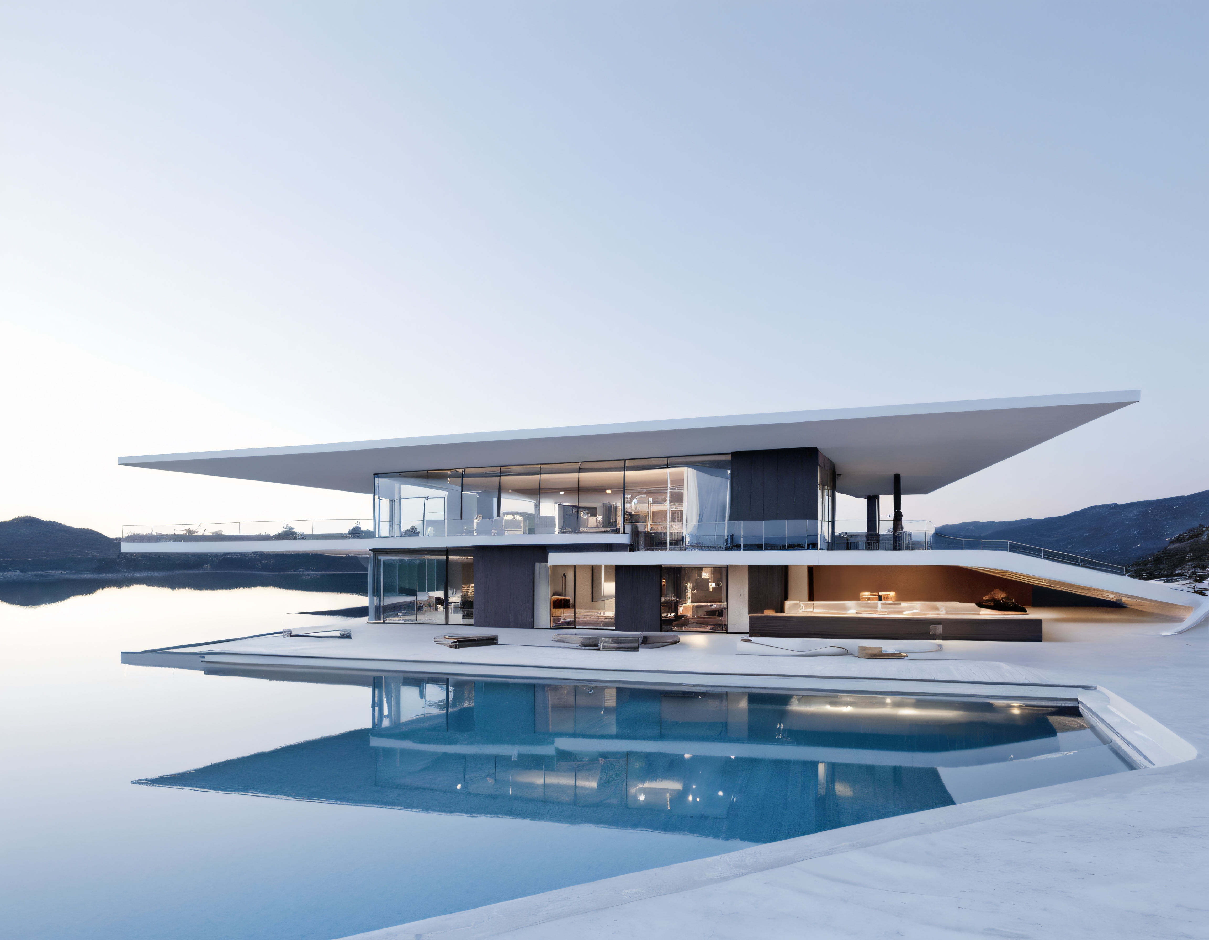 Göl Kenarında Yüzen Cam Cepheli Ultra Modern Minimalist Villa ve Havuz