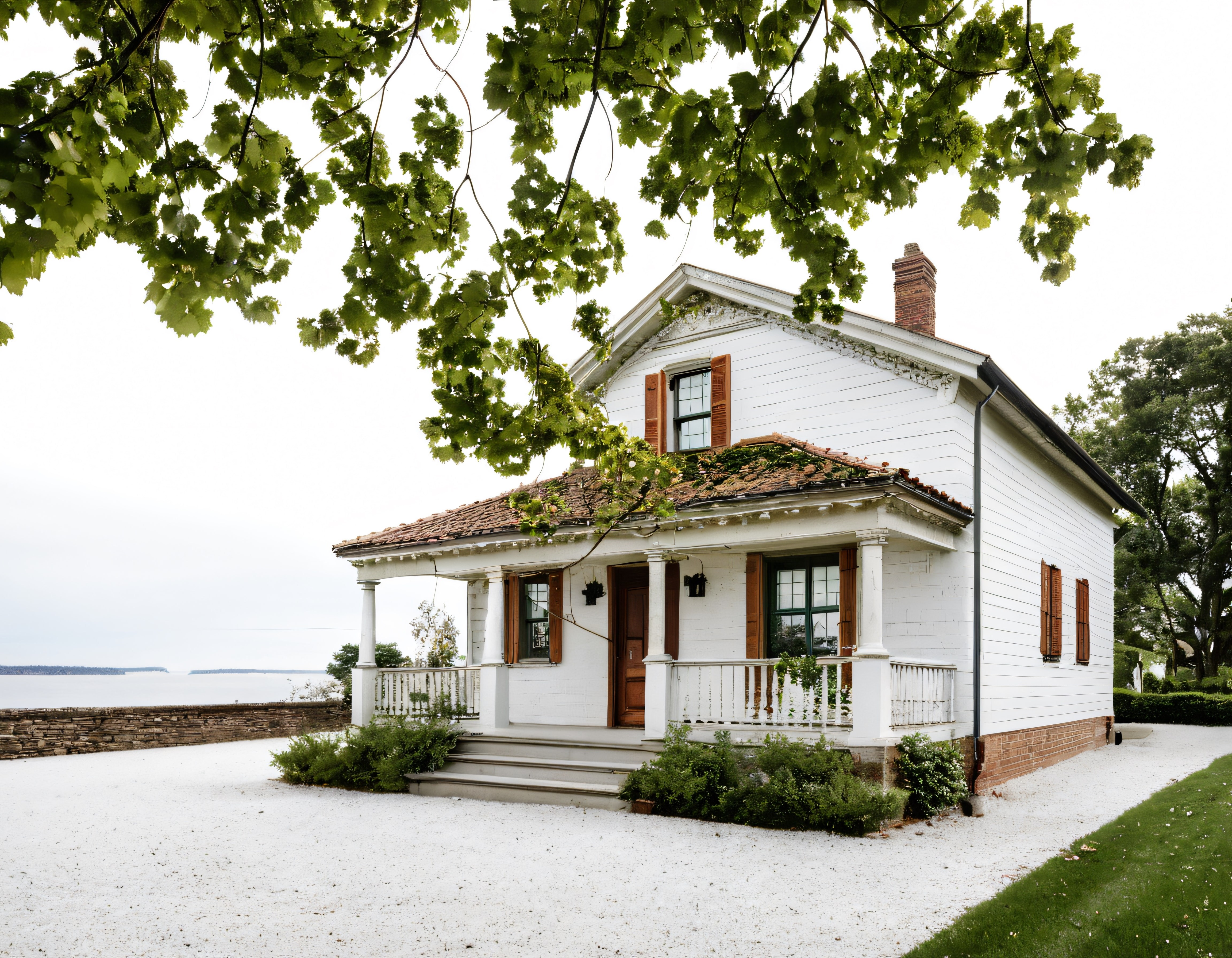 Göl Manzaralı Beyaz Taşra Evi ve Yeşil Yapraklarla Çerçeveli Huzurlu Bahçe