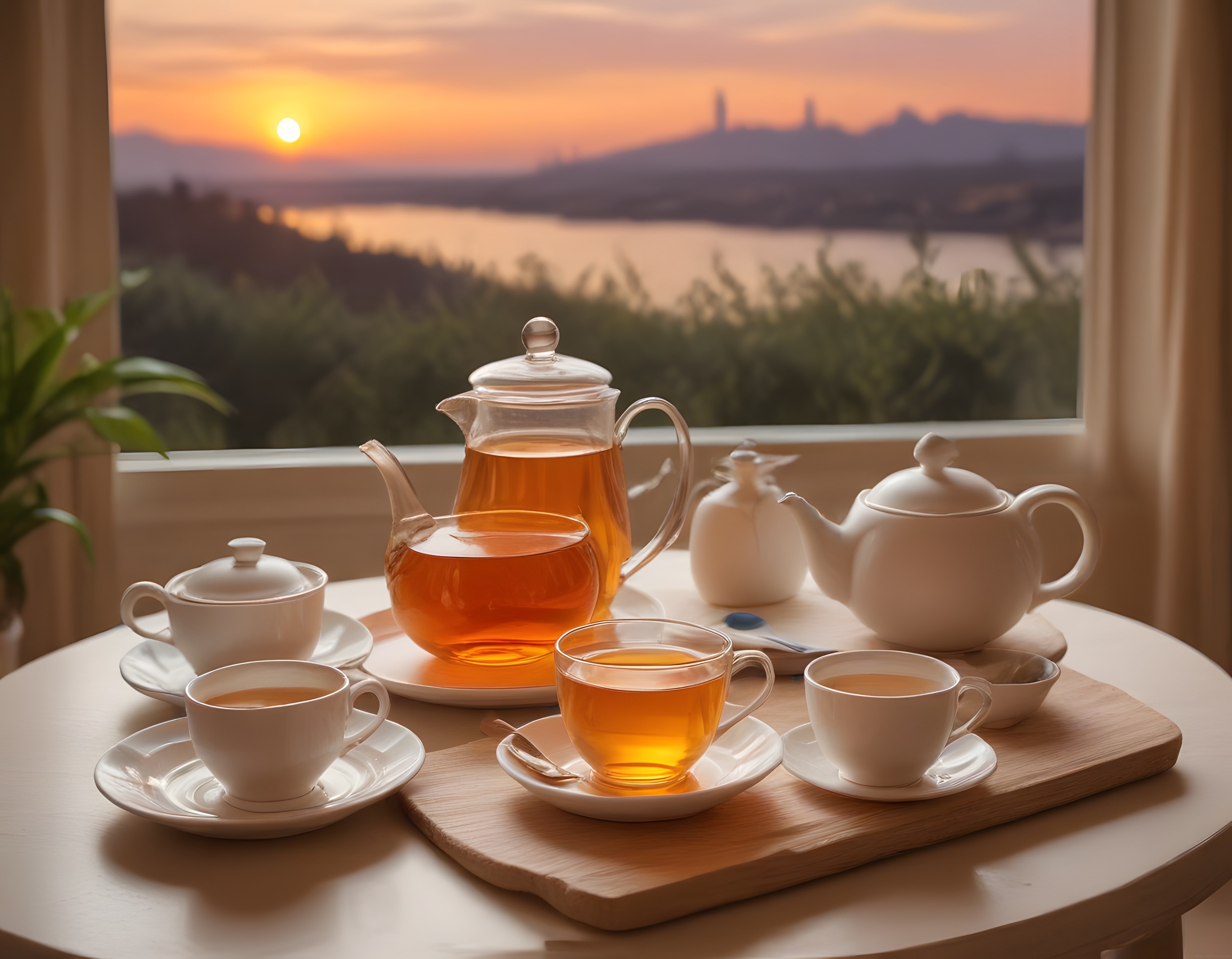Göl Manzaralı Pencere Önünde Sıcak Çay Keyfi ve Huzurlu Gün Batımı