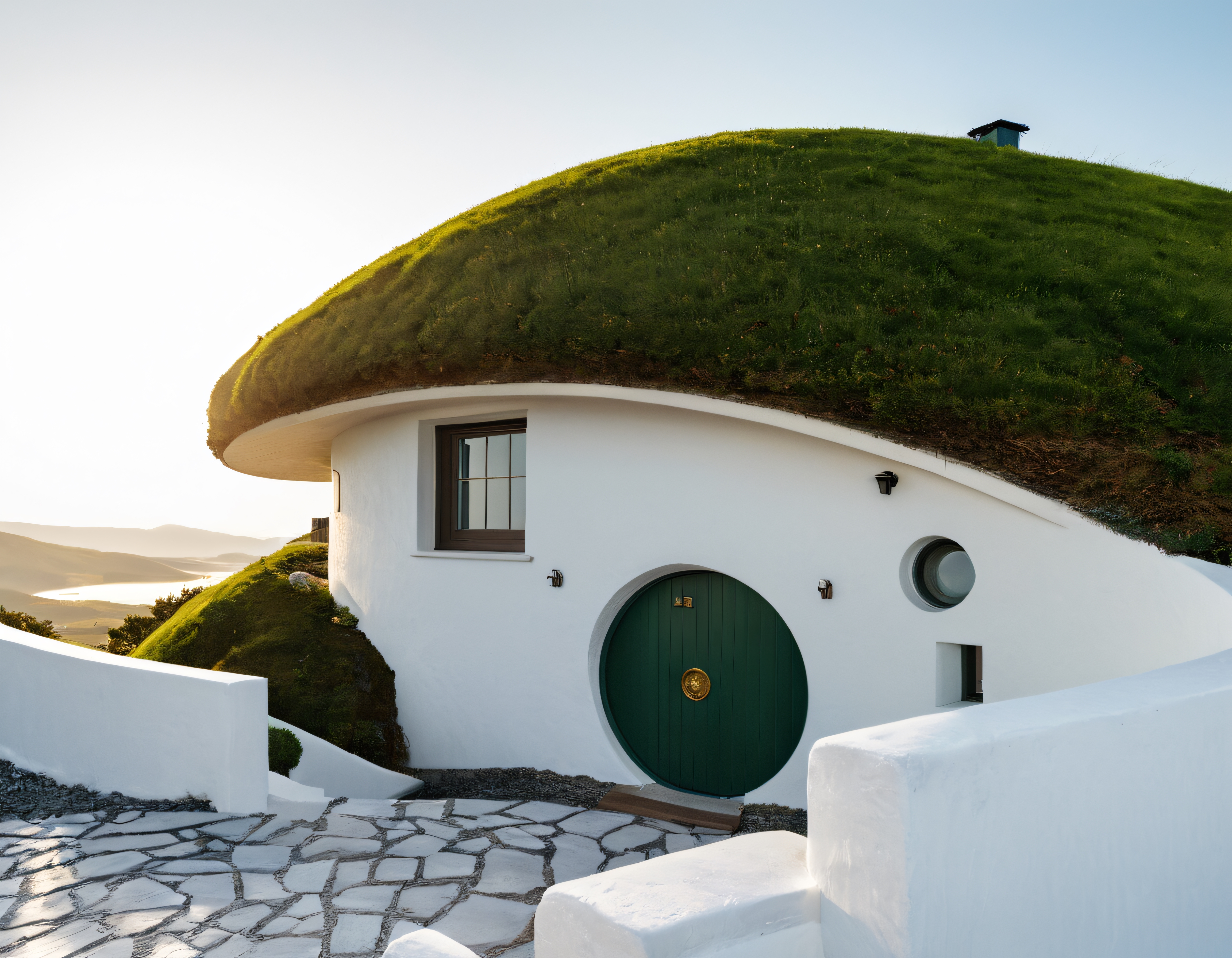 Göl Manzaralı Tepede Yemyeşil Çatılı Beyaz Yuvarlak Kapılı Hobbit Evi