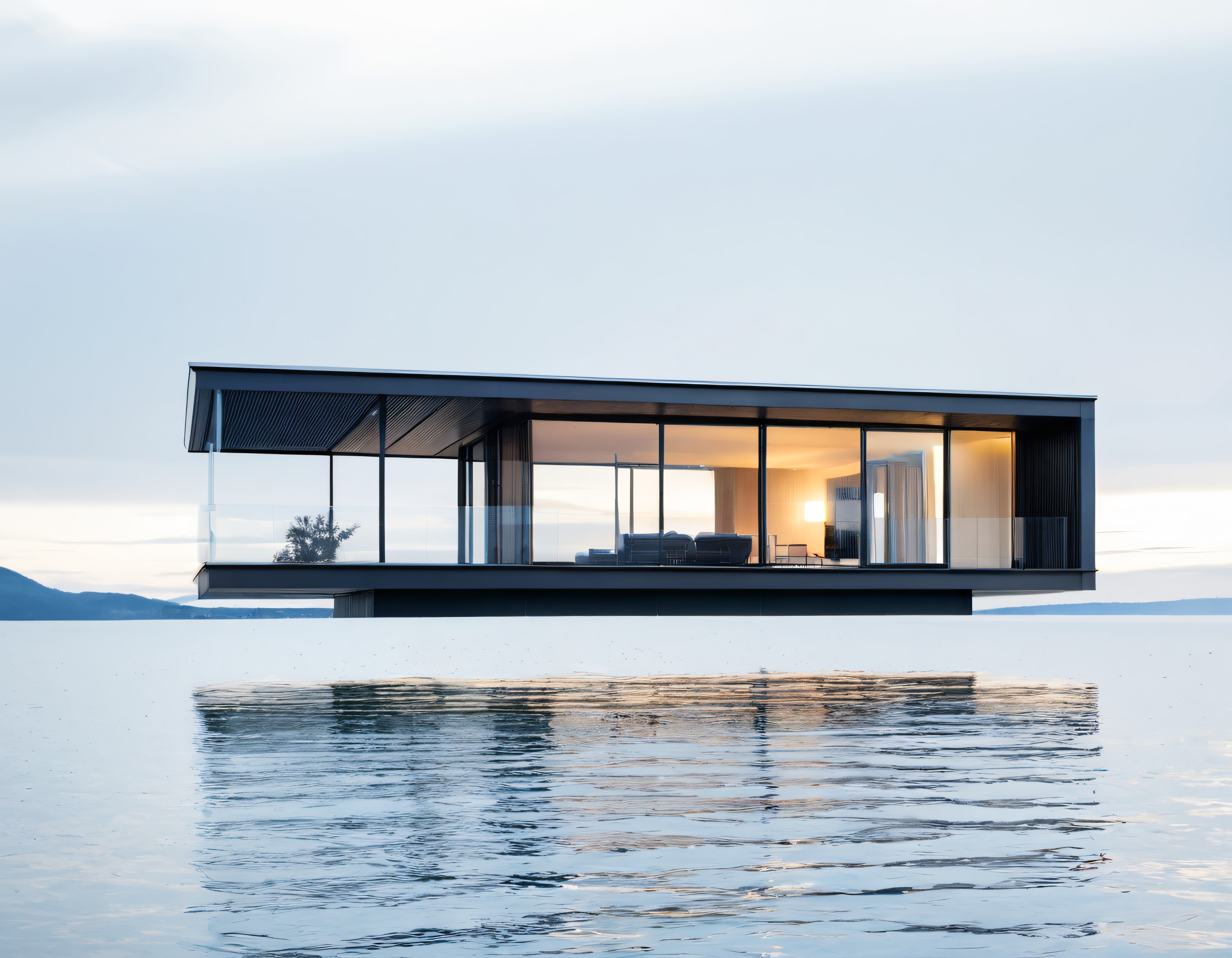 Göl Üzerinde Asılı Modern Minimalist Cam Ev ve Gün Batımı Yansıması