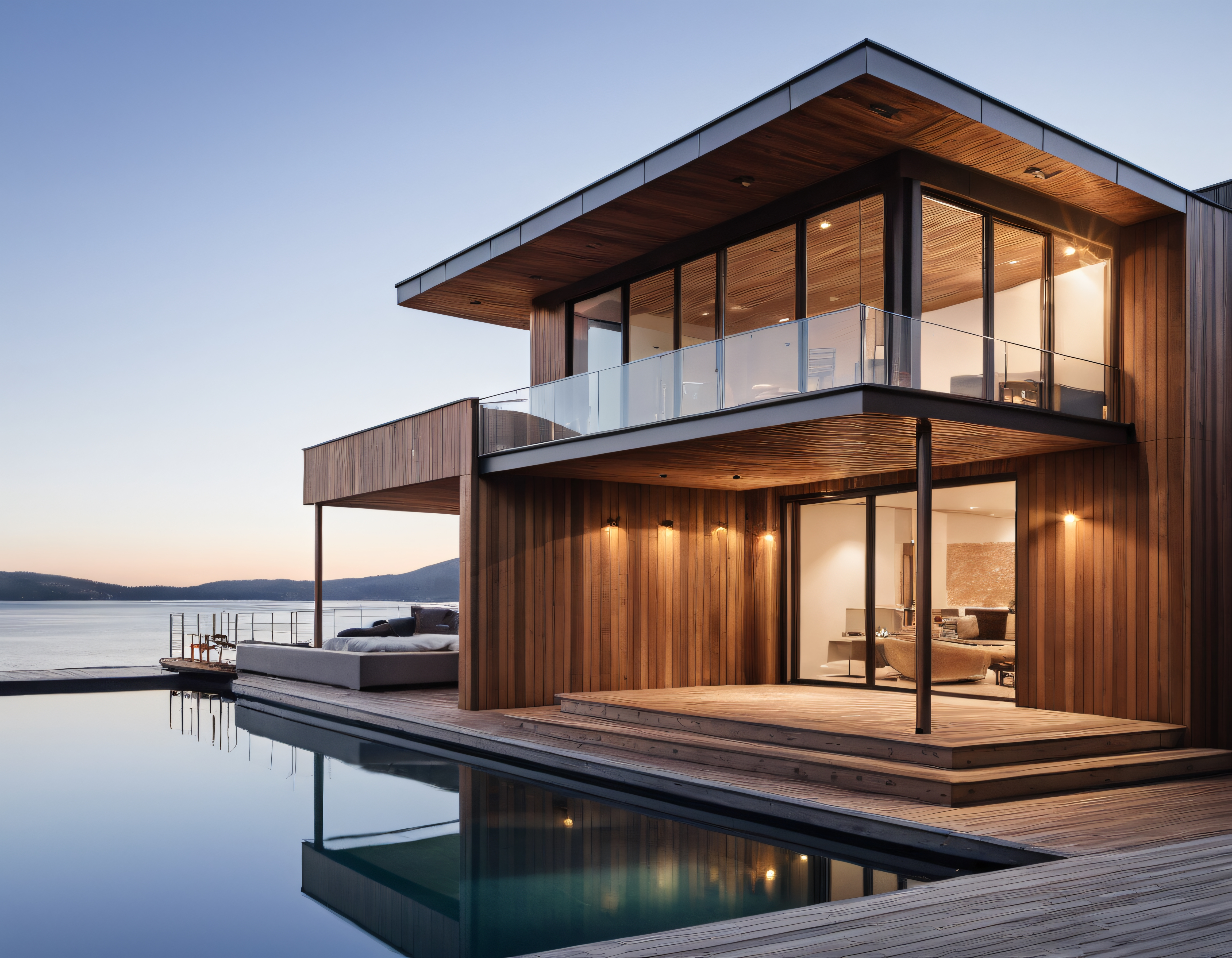 Göl Üzerinde Modern Ahşap Villa ve Cam Balkonunda Gün Batımı Işığı