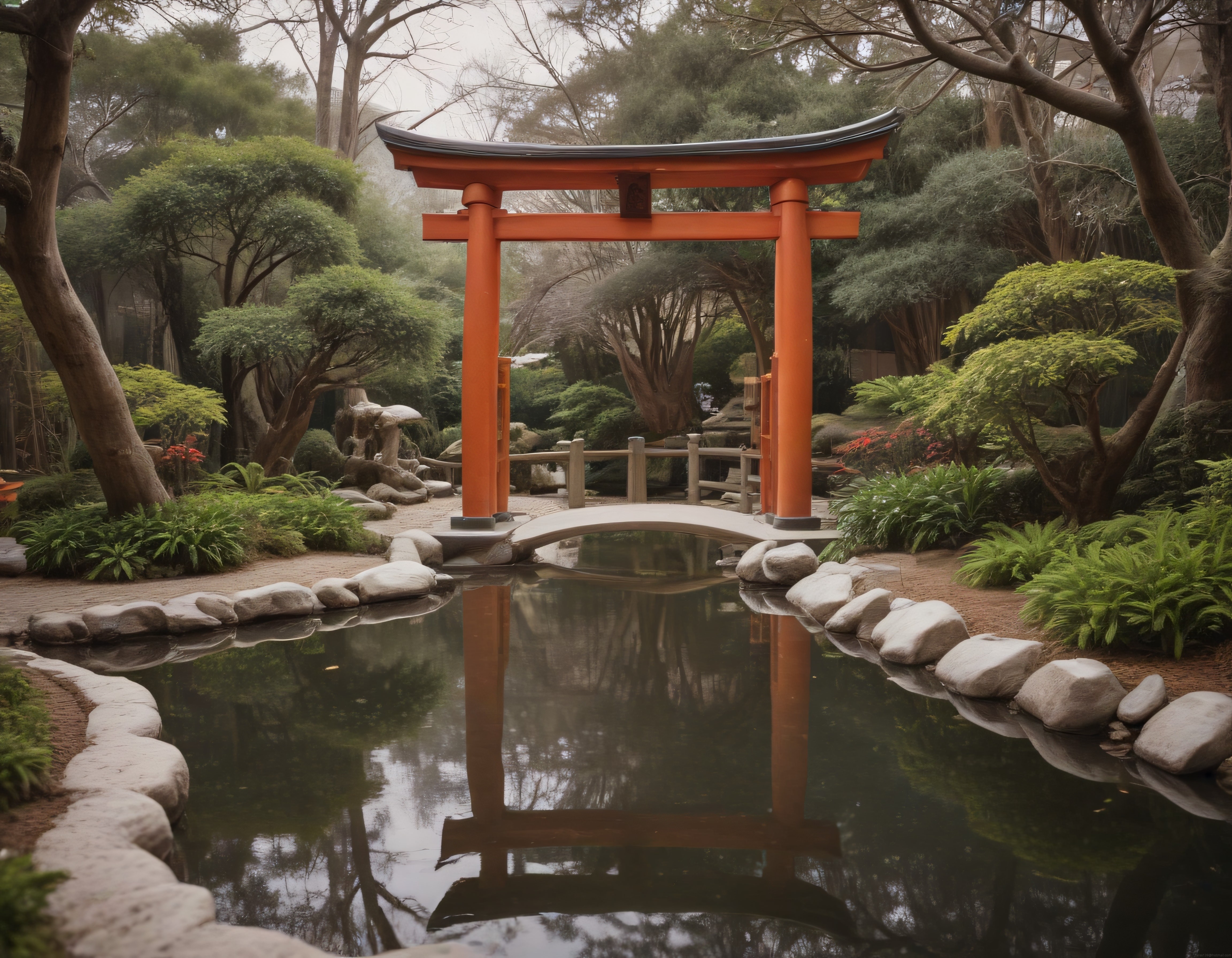 Göl Üzerinde Yansıyan Torii Kapısı ve Mistik Japon Bahçesi Atmosferi
