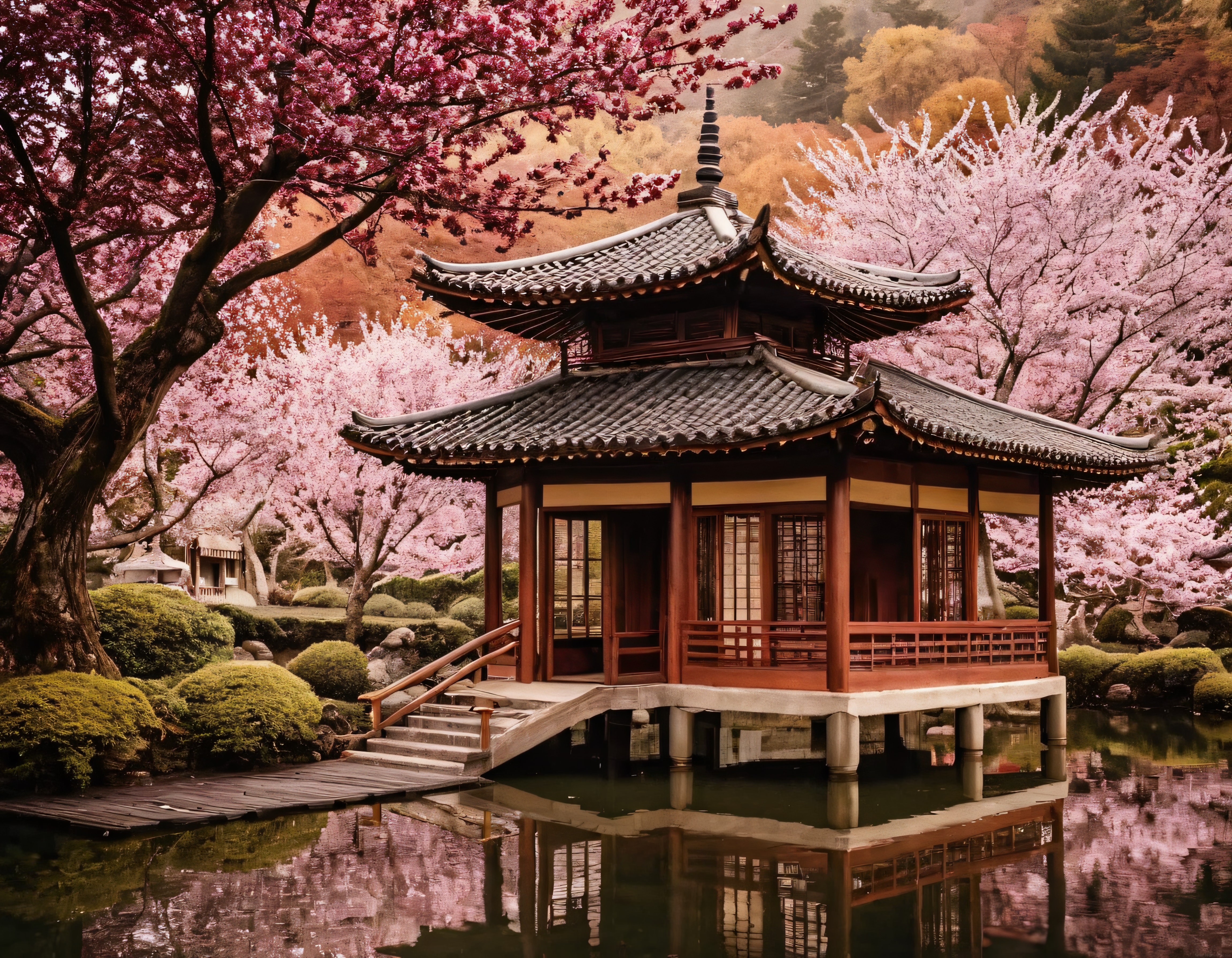 Göl Üzerindeki Geleneksel Japon Evi, Sakura Ağaçları ve Sonbahar Renkleri