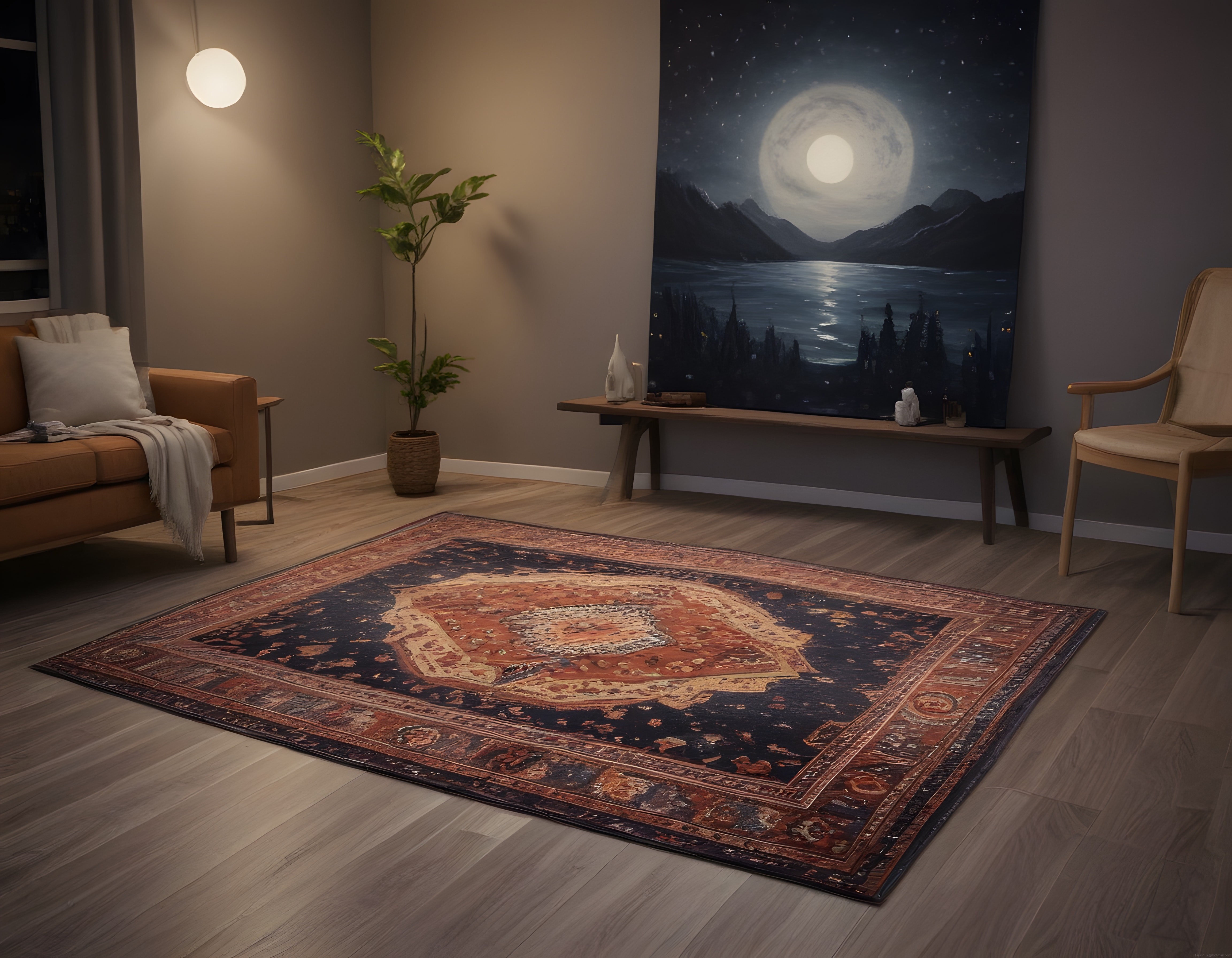 Göl ve Ay Işığı Manzaralı Sıcak Atmosferli Modern Oturma Odasında Oryantal Halı