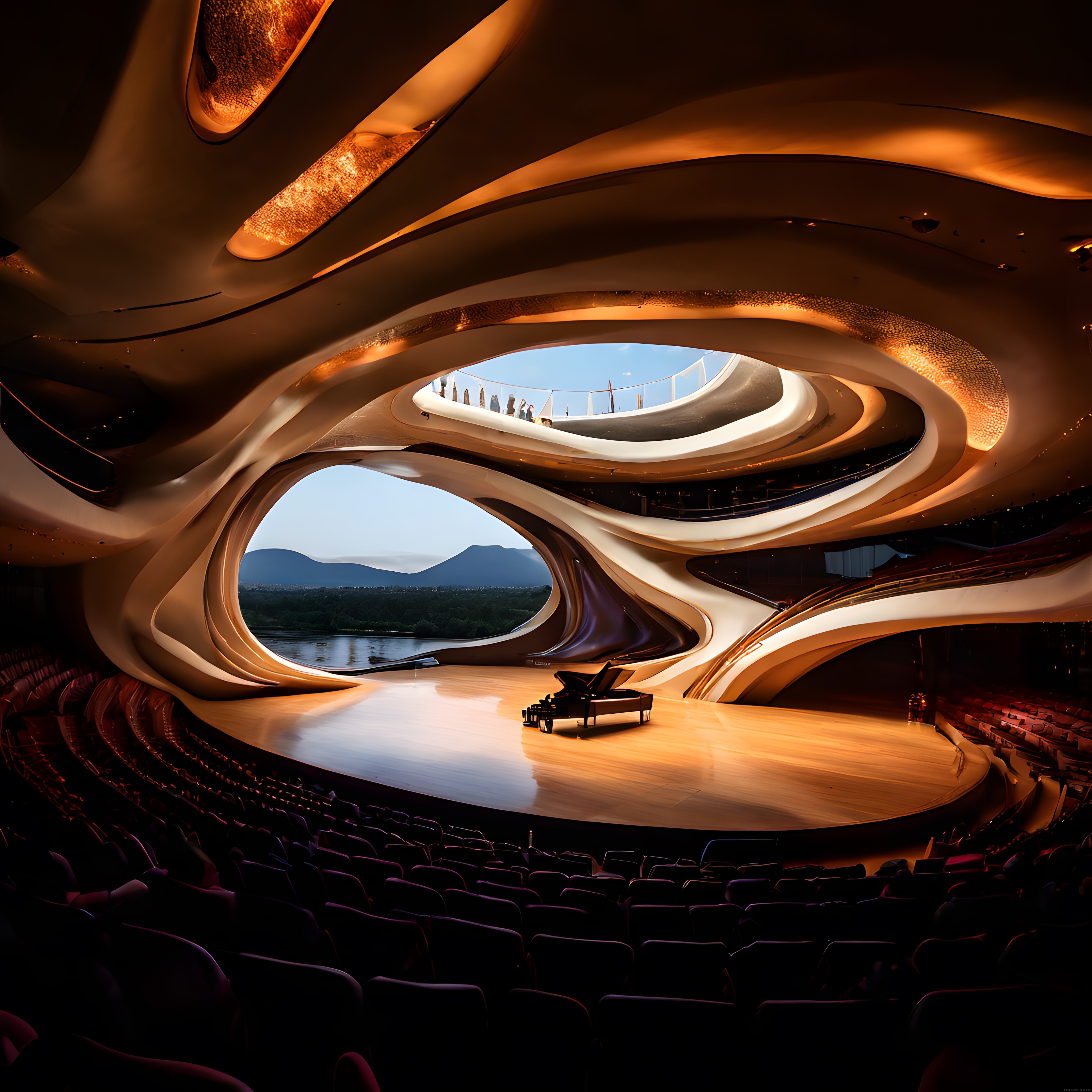 Göl ve Dağ Manzaralı Futuristik Konser Salonunun Etkileyici İç Mimari Tasarımı