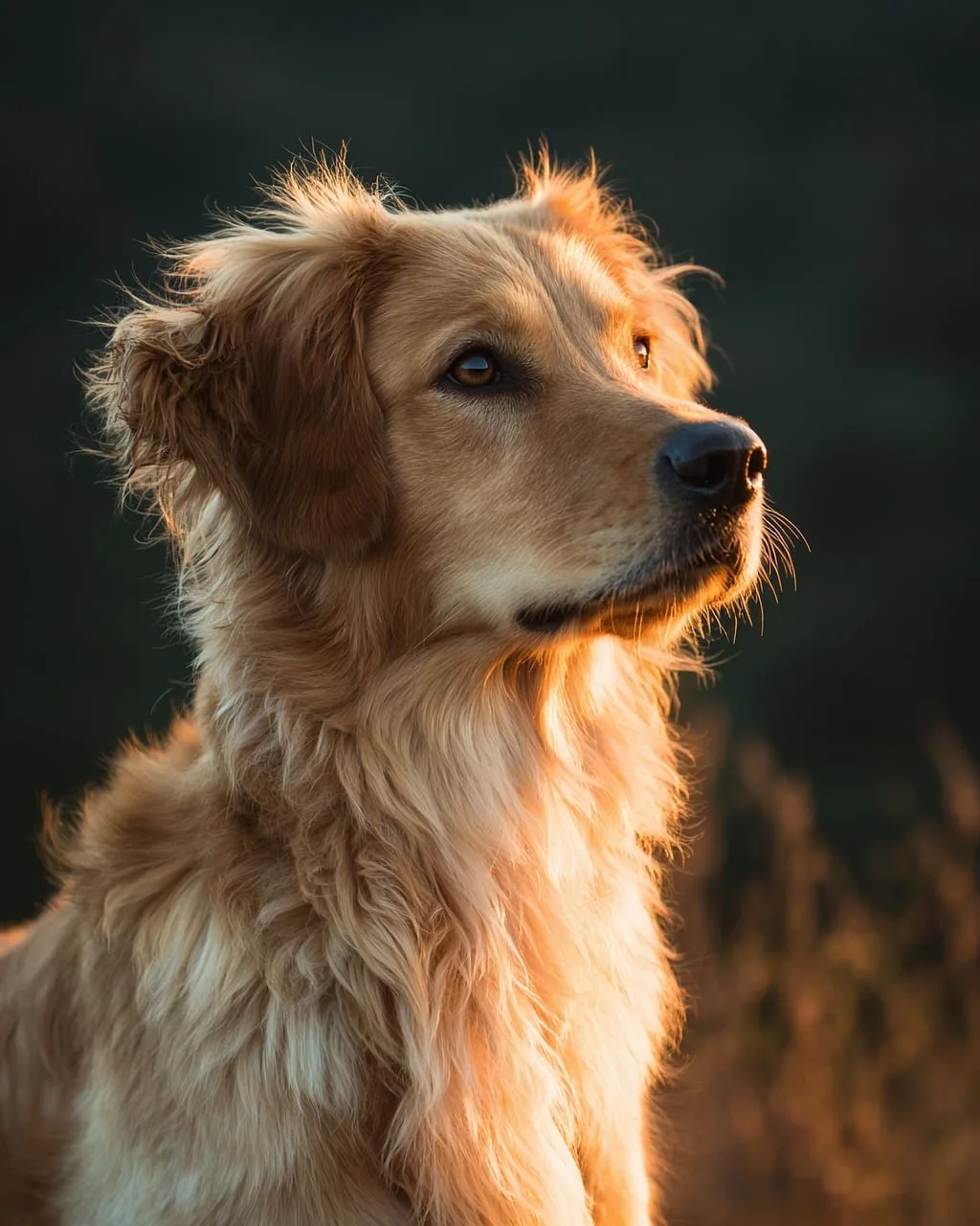 Golden retriever güneşli alacakaranlıkta portre