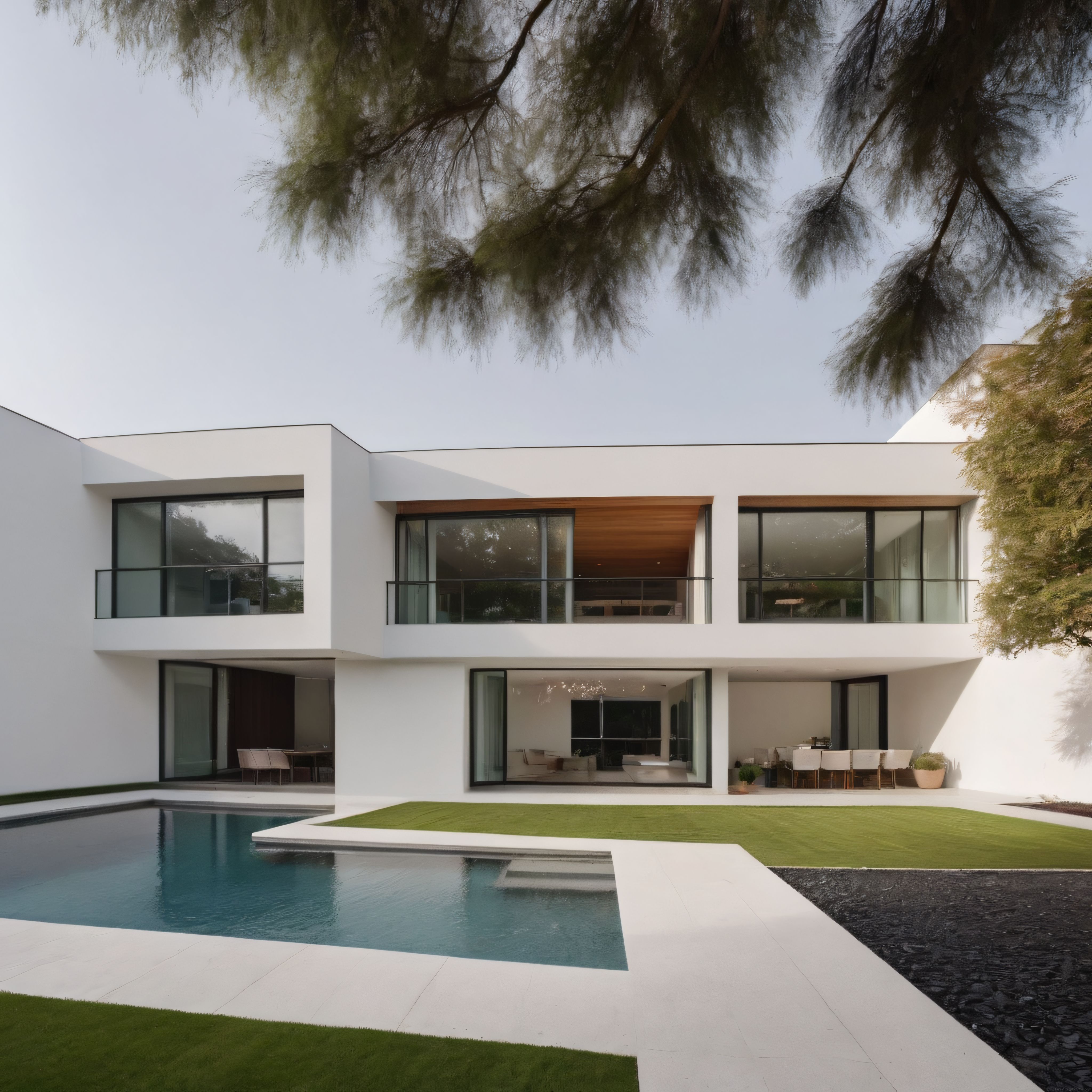 Gölgeleyen Ağaçlar Altındaki Modern Beyaz Villa ve Havuz Tasarımı