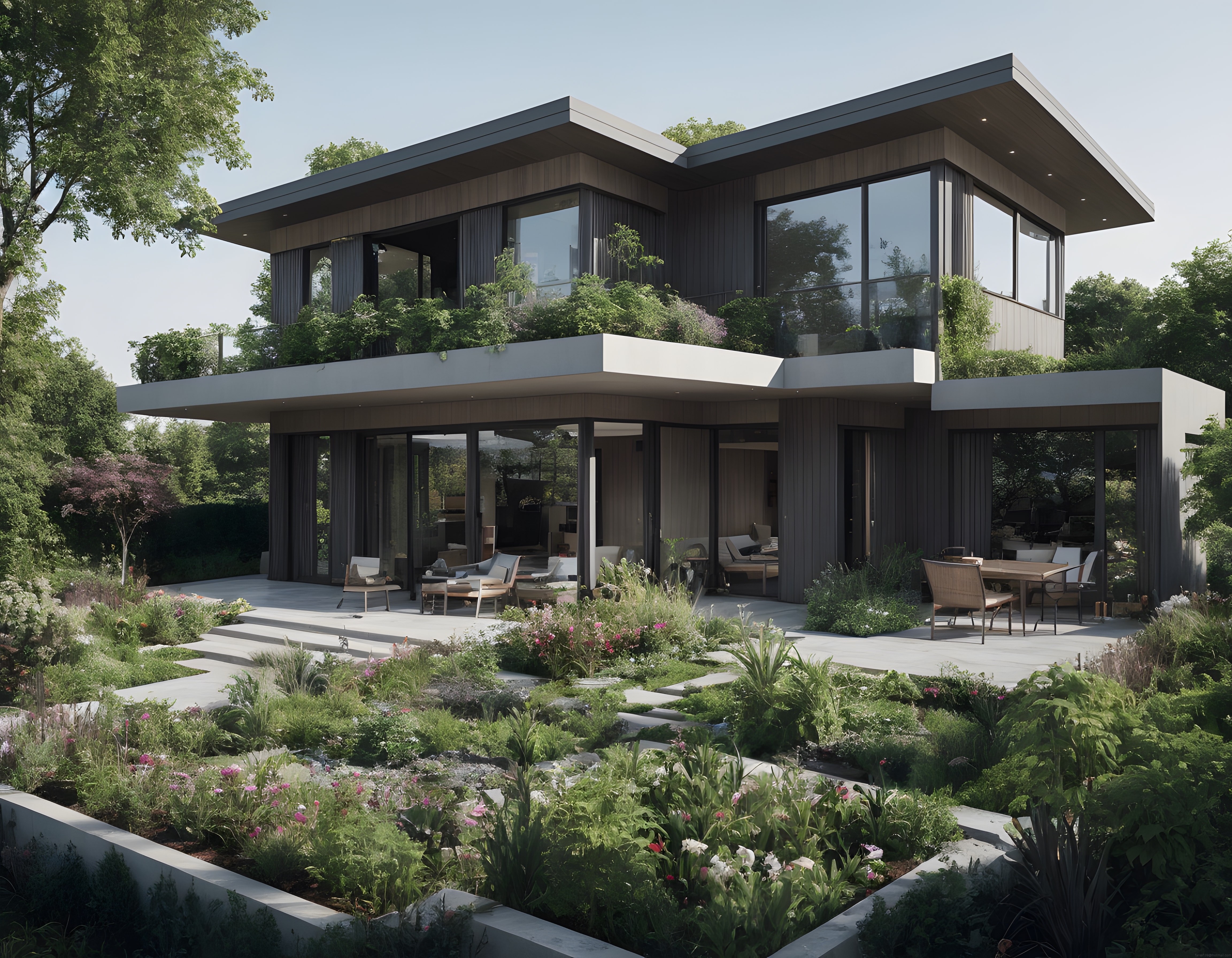 Gölgeleyen Çatılarıyla Doğayla Uyumlu Modern Villa ve Yemyeşil Bahçe