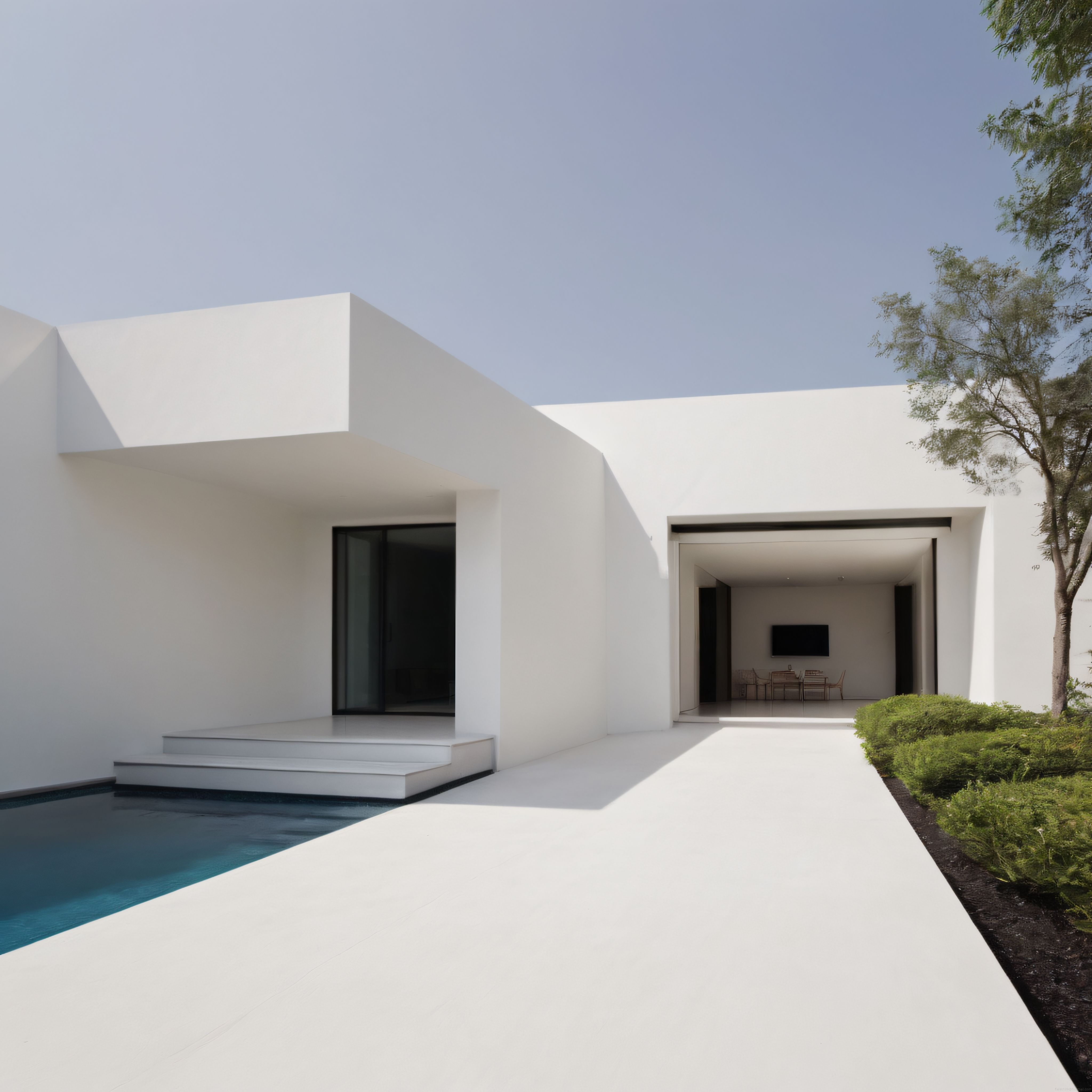 Gölgeli Terası ve Yüzme Havuzuyla Sıcak Bir Günde Beyaz Modern Villa Cephesi