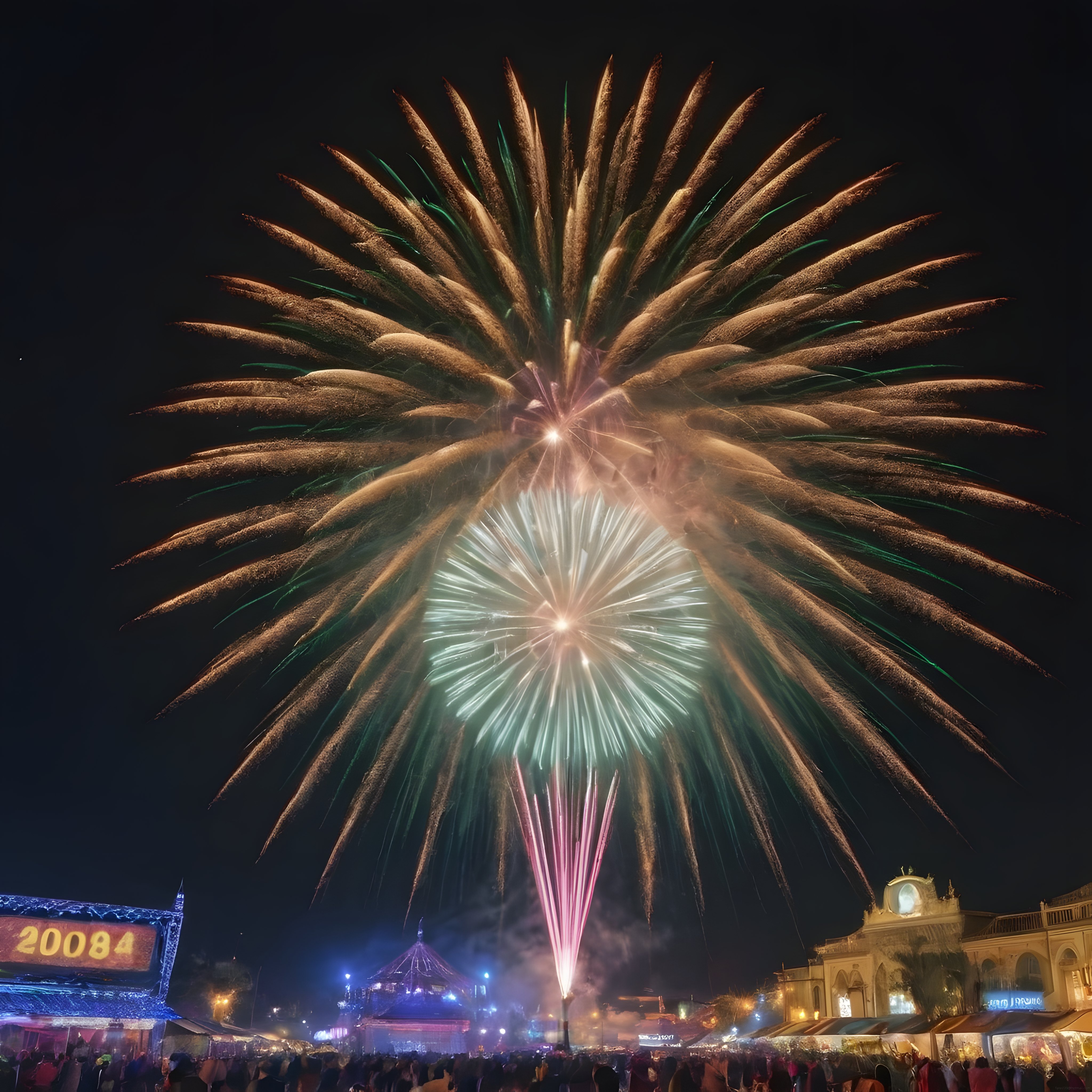Görkemli Gece Havai Fişek Gösterisi ve Altındaki Festival Kalabalığı