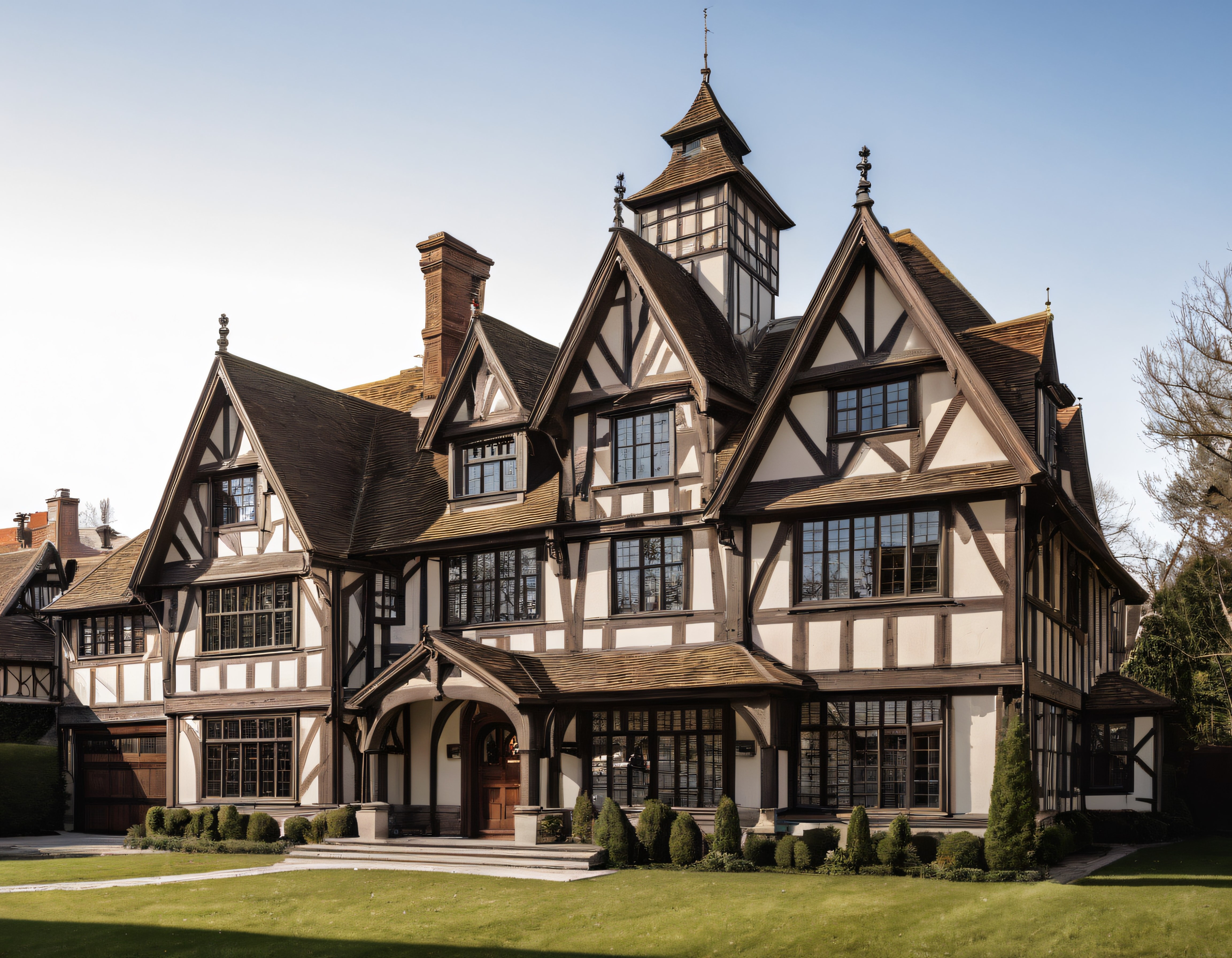 Görkemli Tudor stili malikane, yarı ahşap karkas detayları ve sivri çatılar
