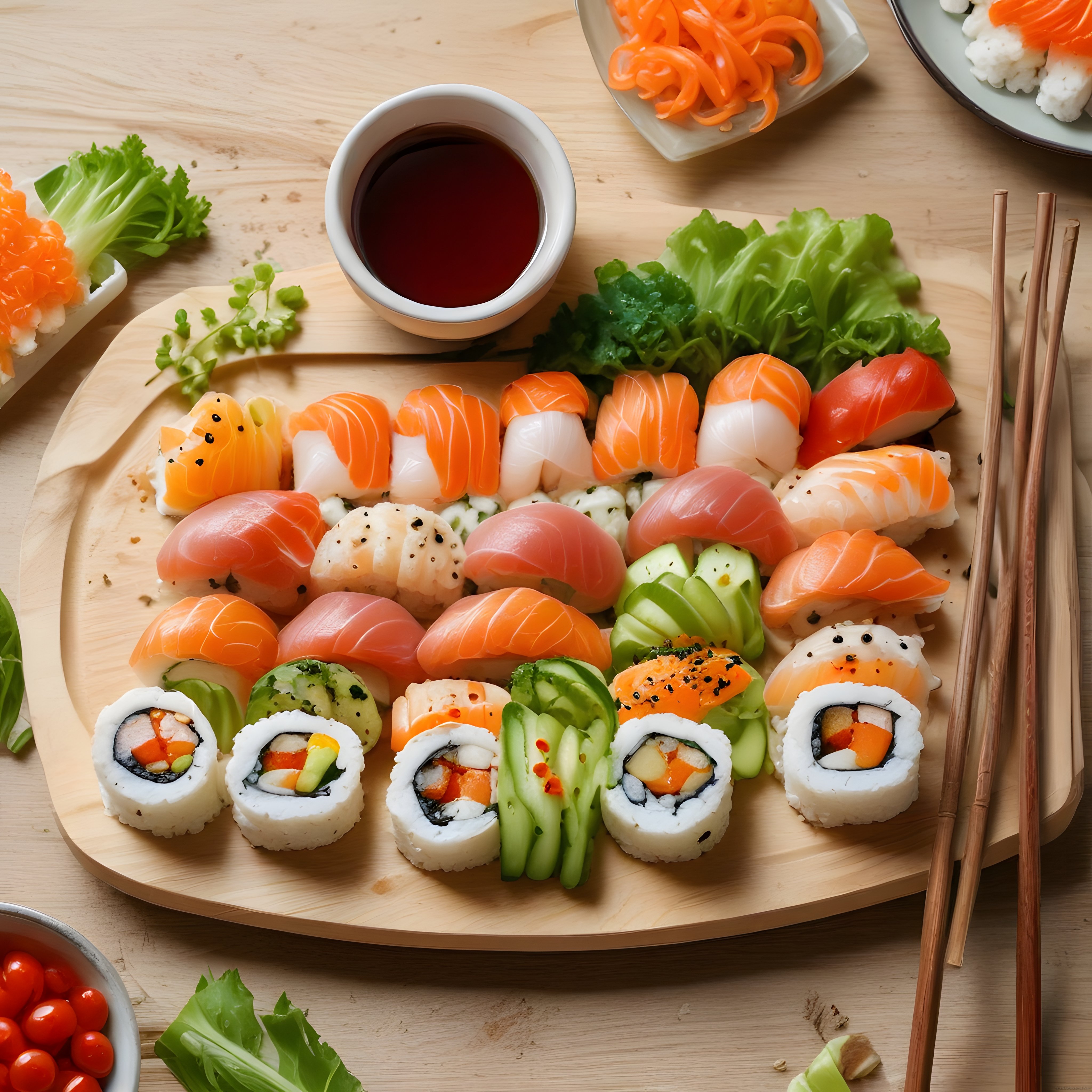 Görselliğiyle Büyüleyen Ahşap Sunum Tahtasında Çeşitli ve Taze Sushi Seçkini