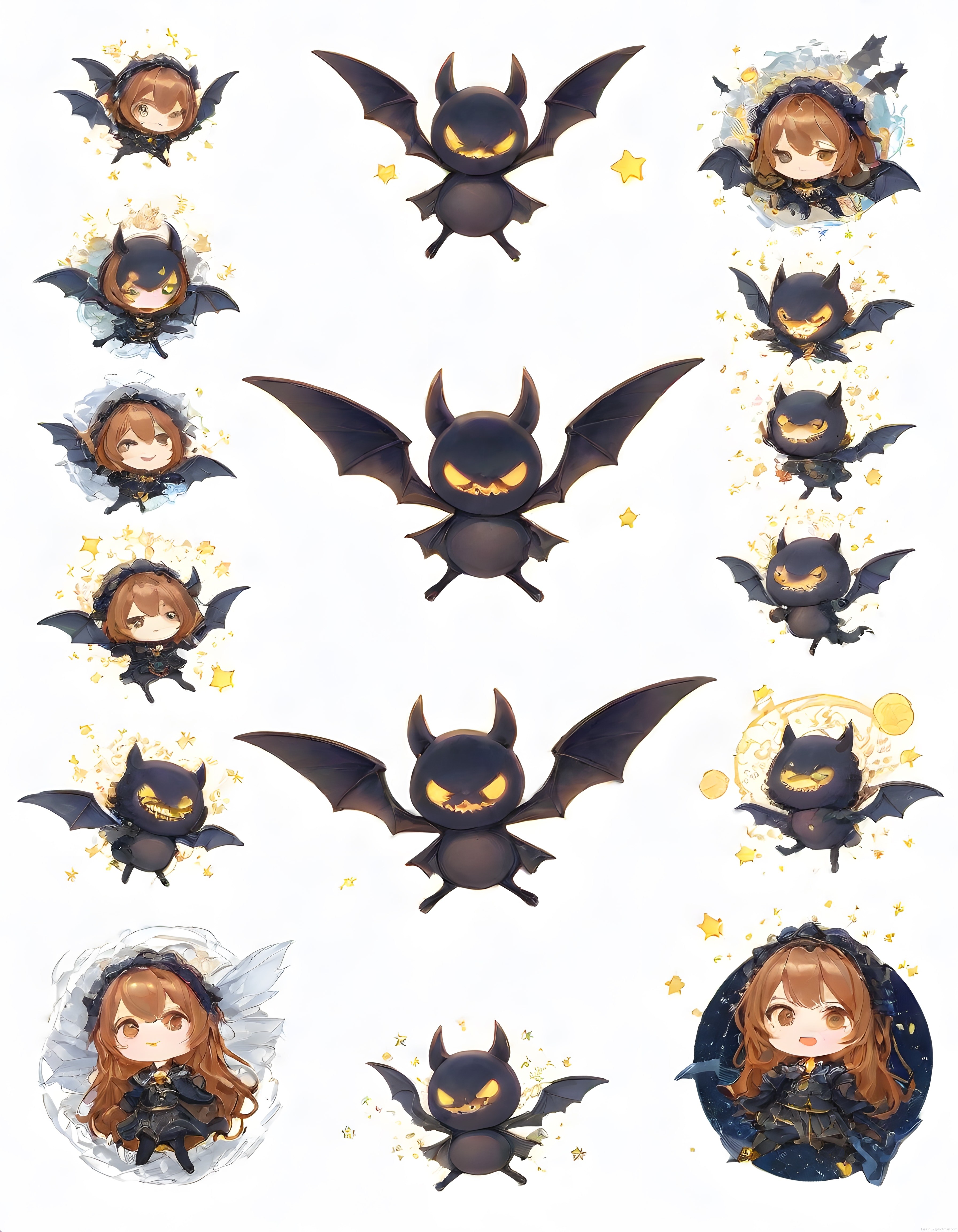 Gotik chibi kızlar ve halloween tarzı sevimli yarasa yaratıkları illüstrasyon seti