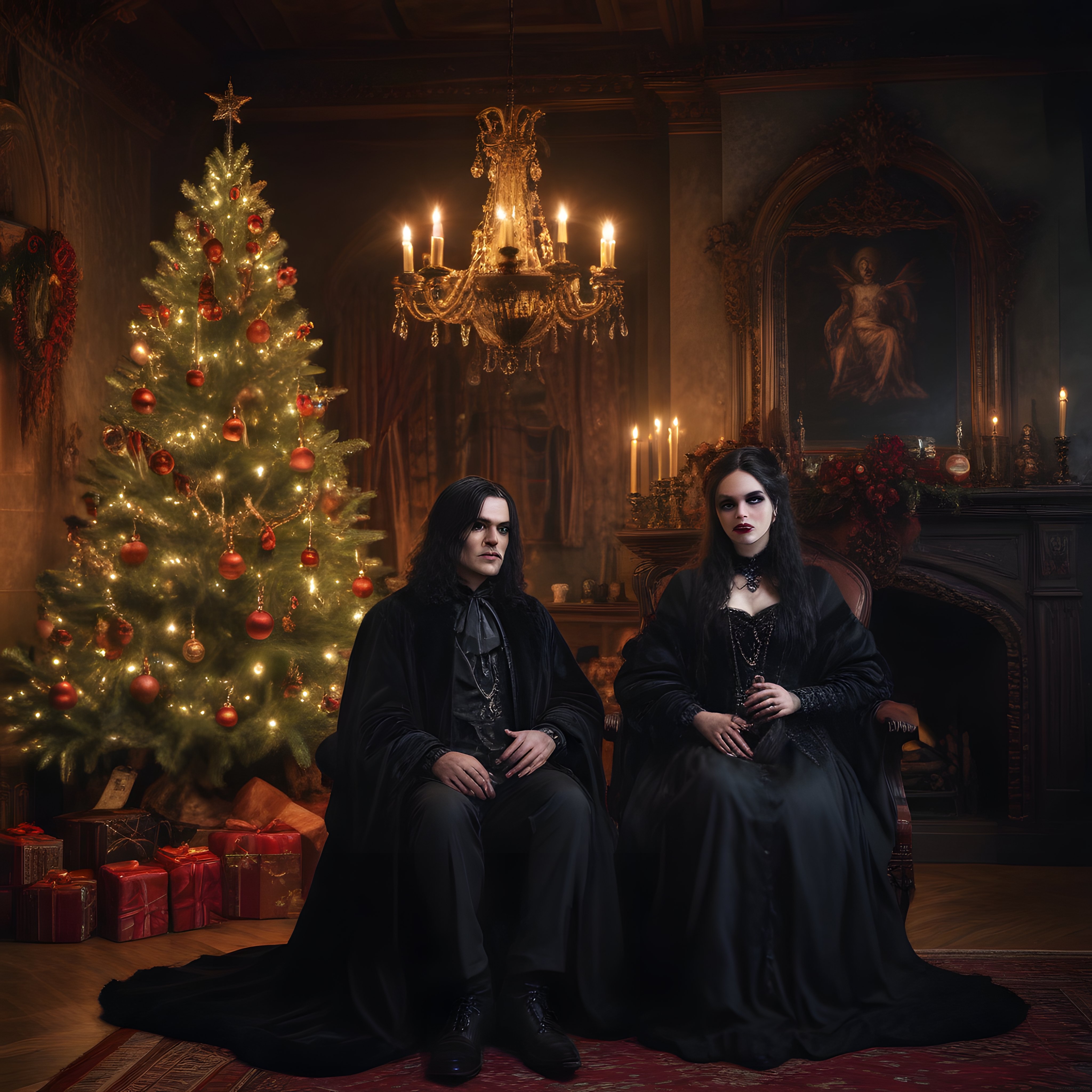 Gotik Çiftin Mum Işığındaki Klasik Noel Portresi ve Karanlık Salon Atmosferi